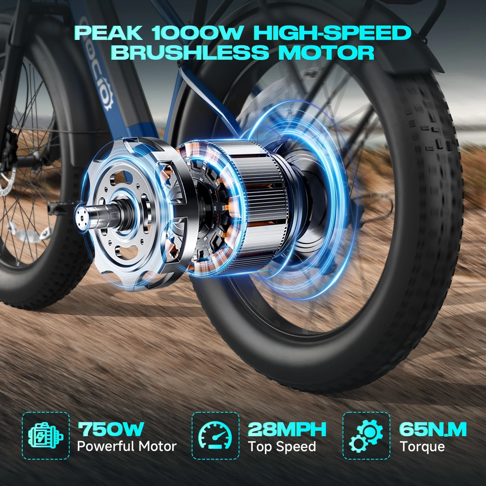 Electric Bike, 26"x4.0" Fat Tire E-Mountain Bike, Peak 1000W Motor, 28MPH 48V 15Ah Battery Removable Ebike for off Road, Sand, UL2849(Blue) - Image 6