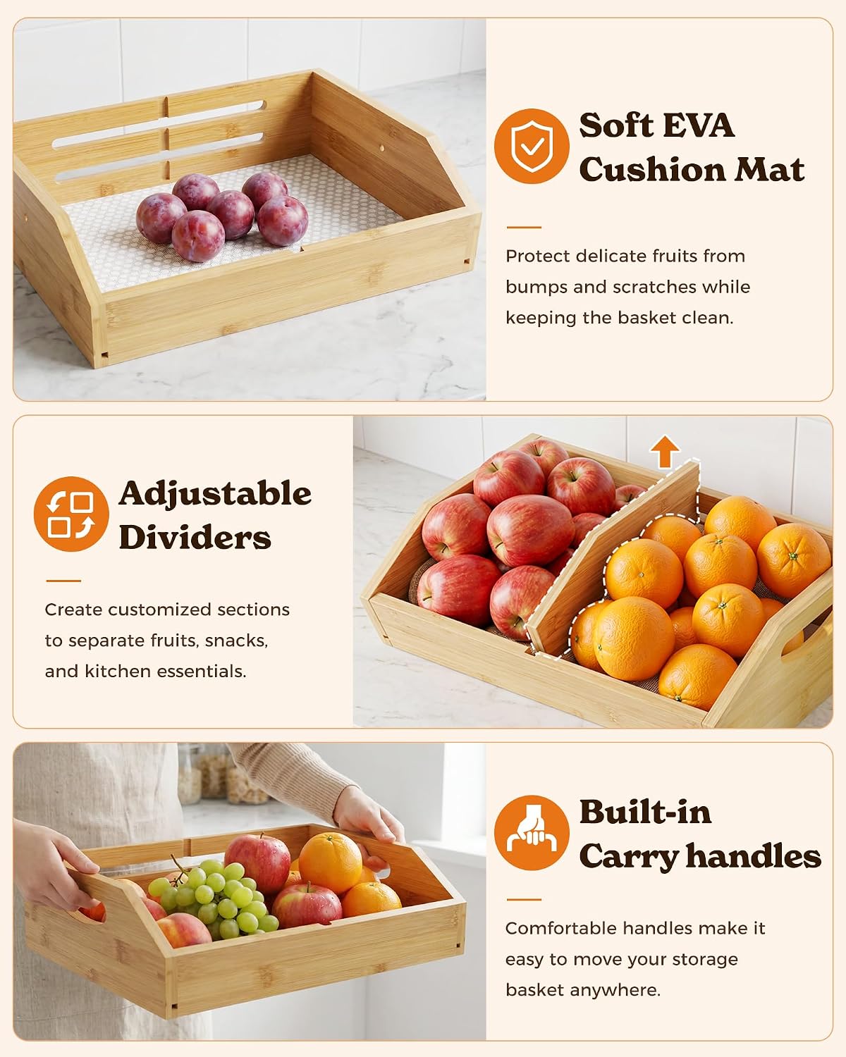 Sevenblue 3-Tier Bamboo Fruit Basket with 2 Banana Holders