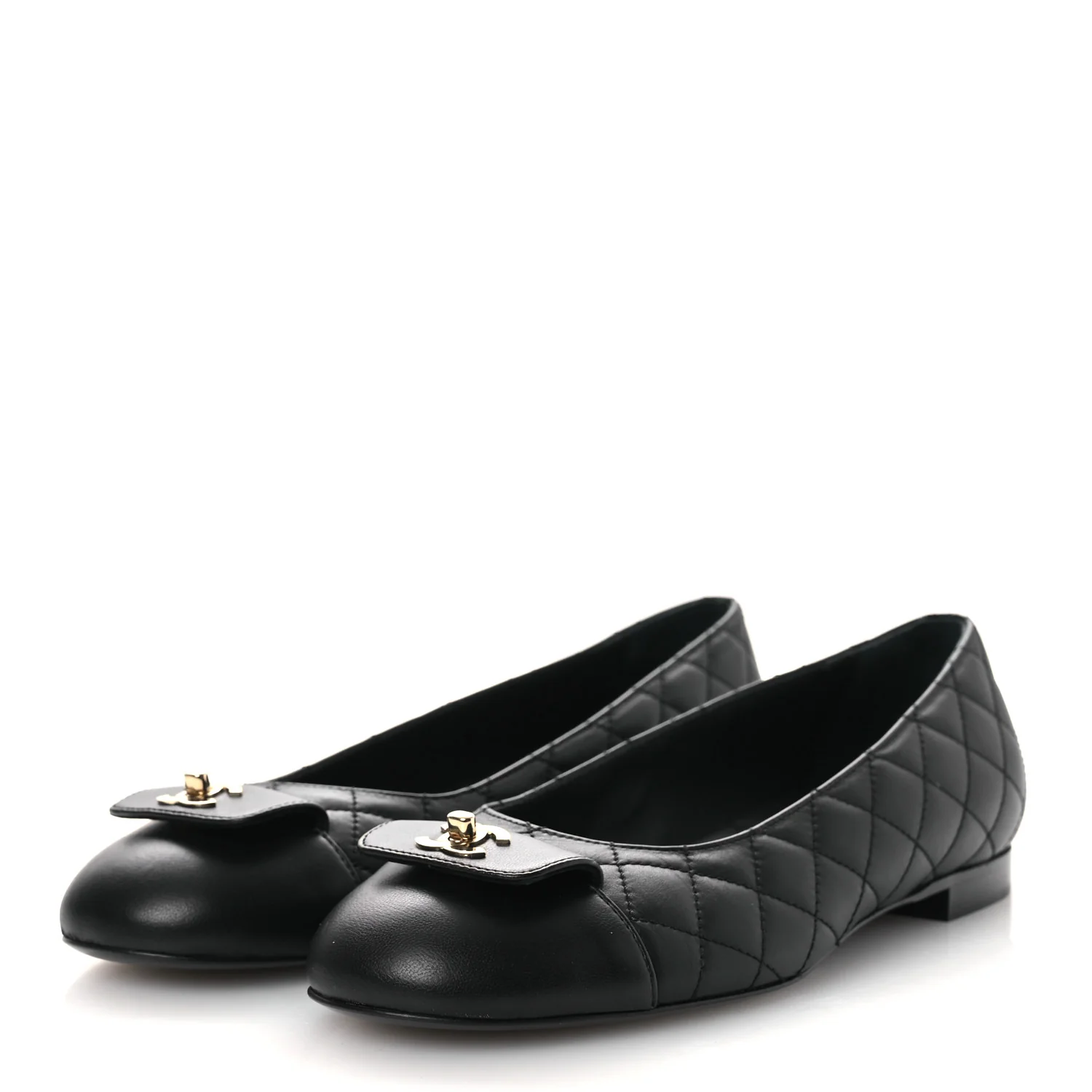 Calfskin Lambskin Quilted CC Cap Toe Ballerina Flats 37 Black