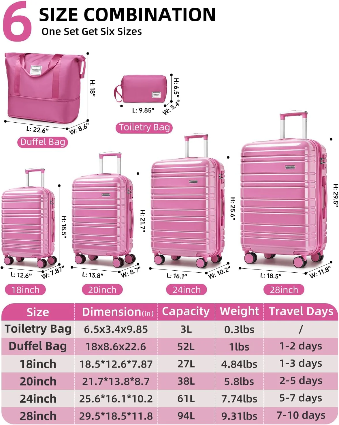 Ensemble de 6 valises, ensemble de valises rigides extensibles avec roulettes multidirectionnelles, ensemble de bagages à roulettes légers