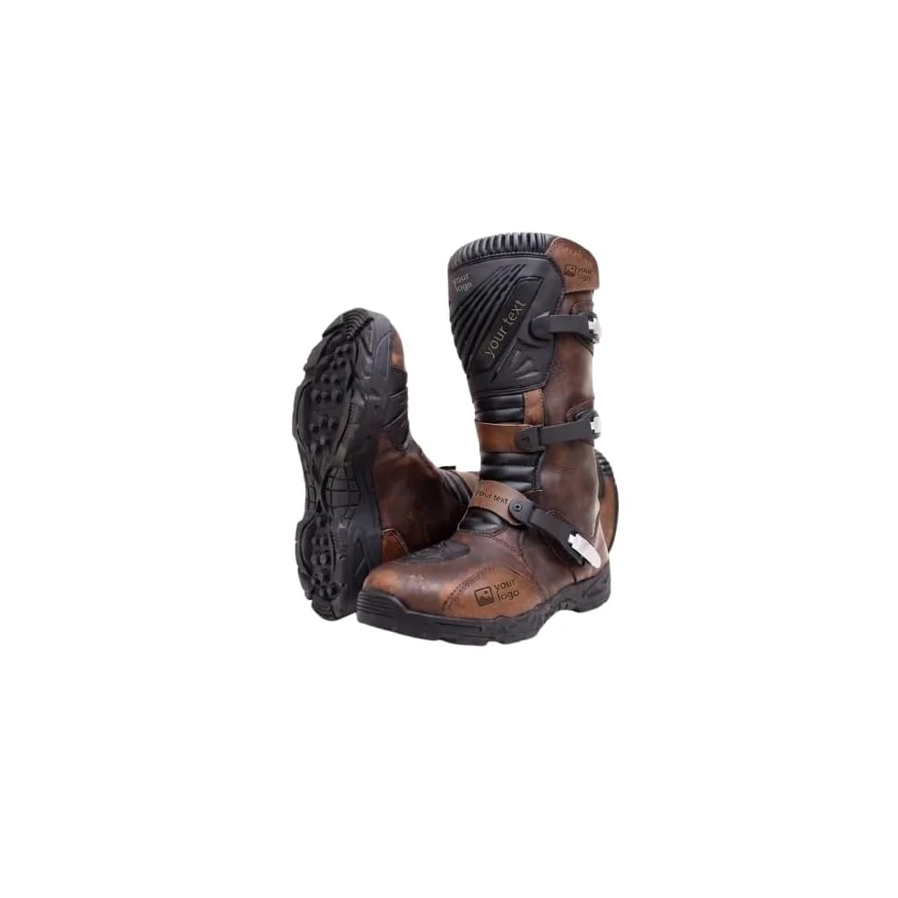 Custom Adventure Touring Motorcycle Boots, Brown Leather, Tall