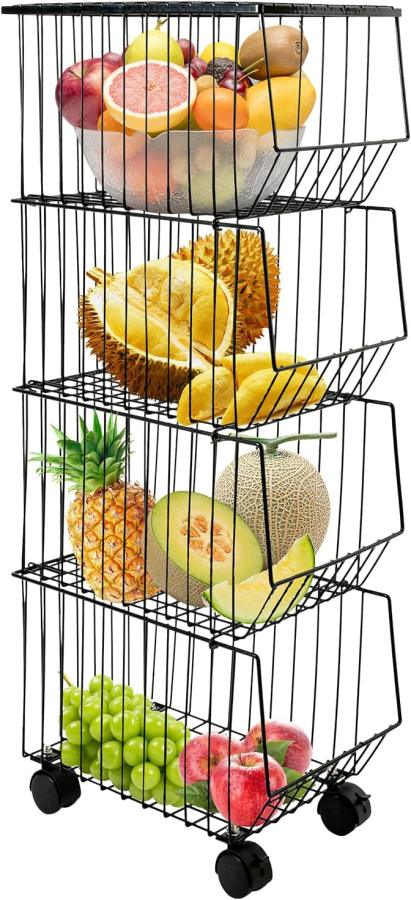 4 Tier Fruit Basket Stand, Kitchen Storage Cart For Fruit Vegetable Storage Baskets With Wheels Home Office Market Storage Basket Slim Fruit