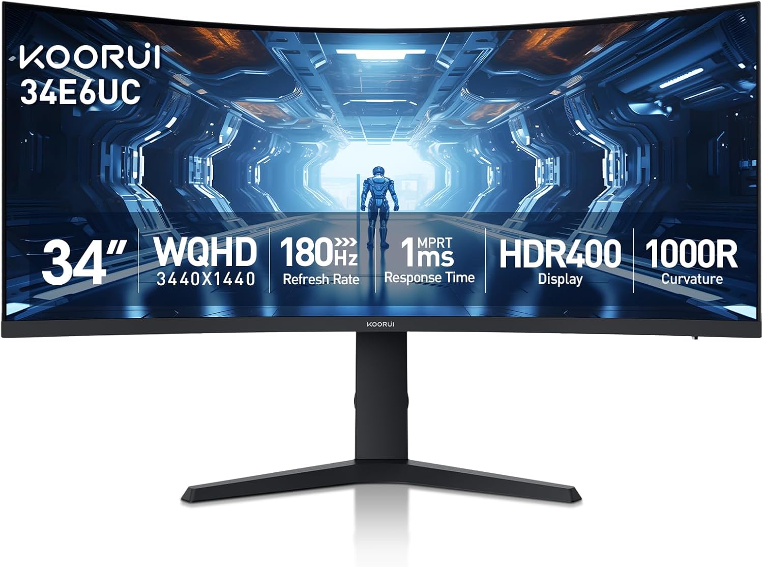 KOORUI 34-inch Curved Ultrawide WQHD 3440×1440 Gaming Monitor  180Hz 1000R- PIP/PBP  1ms(MPRT)  HDR400  DCI-P3 95%  FreeSync Premium  1 x DP 1.4 & 2 x HDMI 2.0  Tilt Height Swivel Adjustment  34E6UC