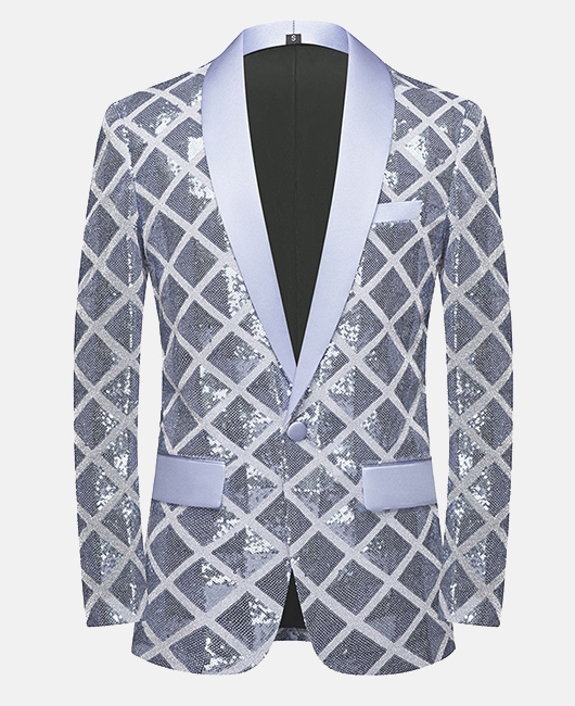 Blazer élégant à carreaux et sequins, col châle, un bouton, coupe ajustée