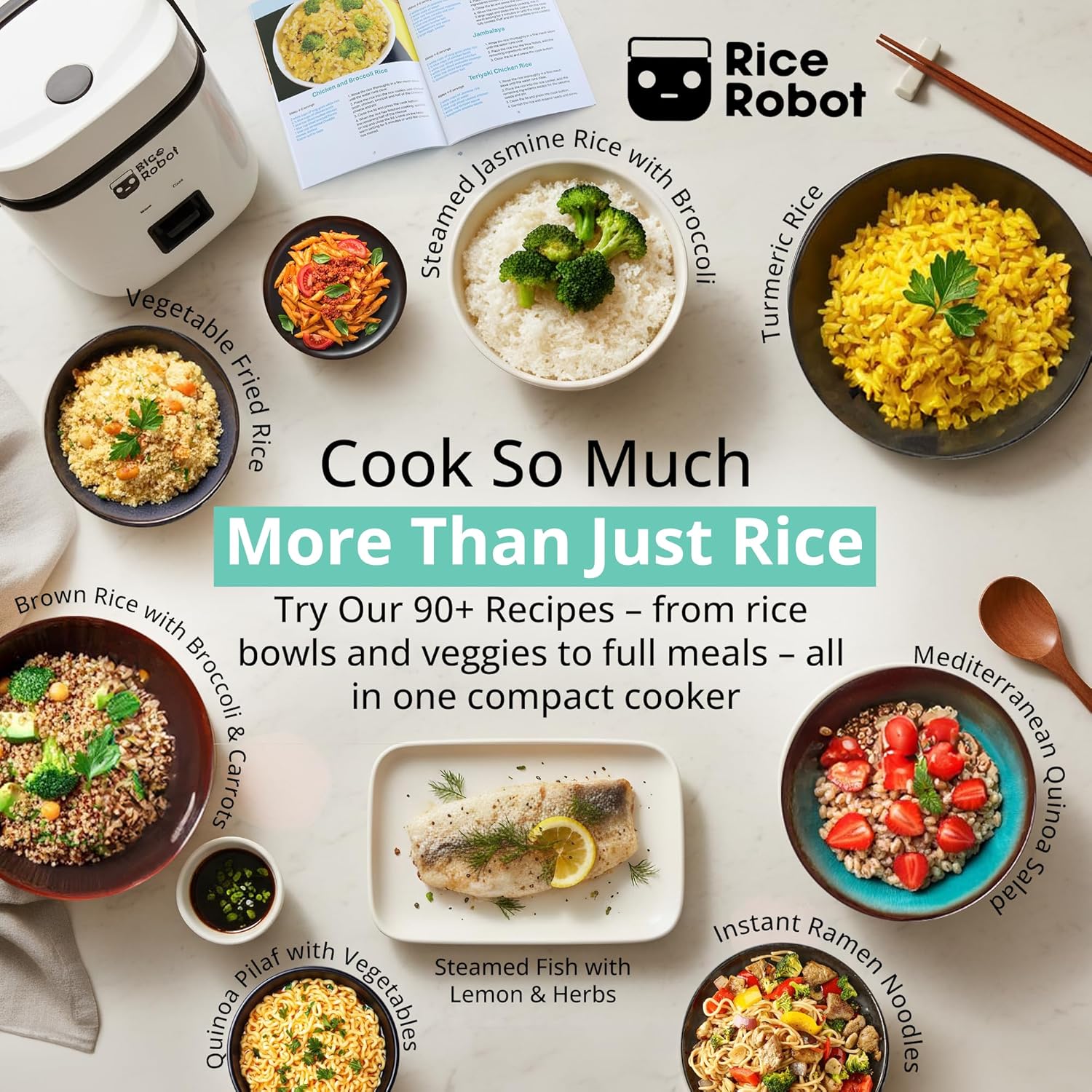 Rice Robot Personal Rice Cooker, PFAS-free, Nonstick1 Quart Capacity, with Stainless Steel Steamer Tray, Measuring Cups, Recipe Book with 60 Recipes, and Serving Spoon, As Seen On TV