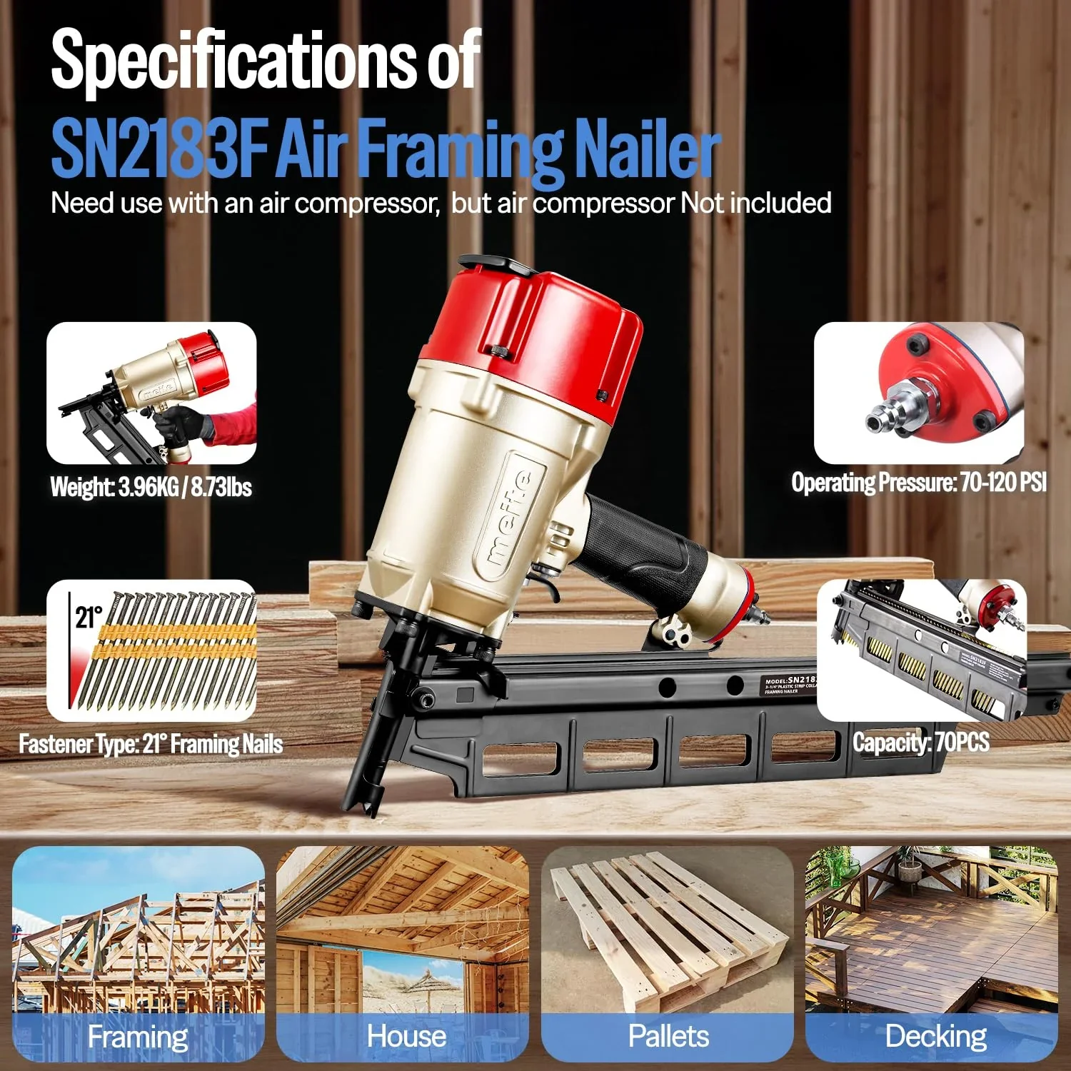 Meite SN2183F Pneumatic Framing Nailer 21 Degree 2 to 3-1/4 Length Plastic Plastic Collated Round Head Framing Nail Gun
