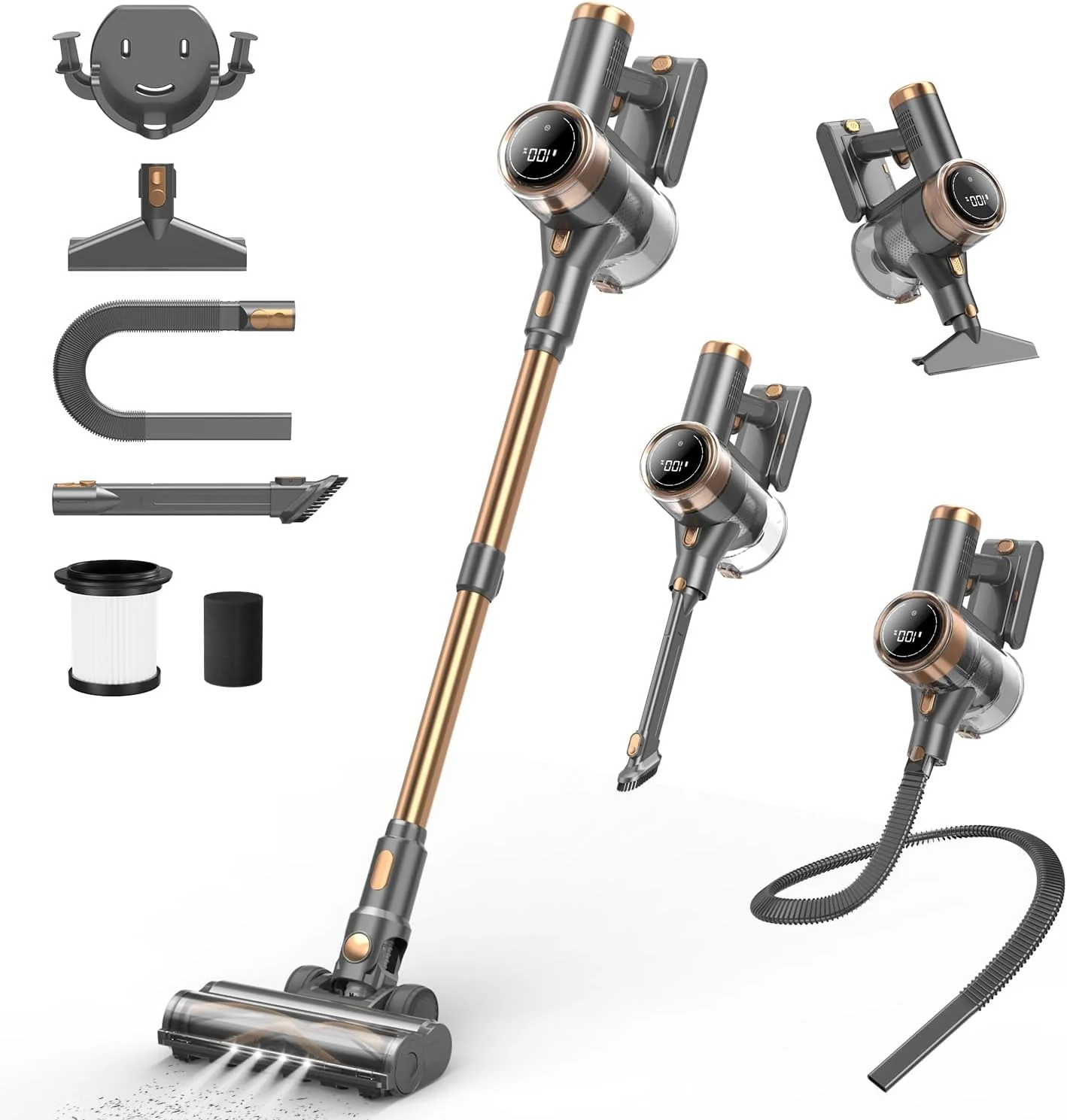 Aspirateur balai sans fil 10 en 1, léger, avec 45 minutes d'autonomie, aspiration puissante, écran tactile LED, rechargeable, idéal pour la maison, les sols durs, les tapis et les poils d'animaux (Or)