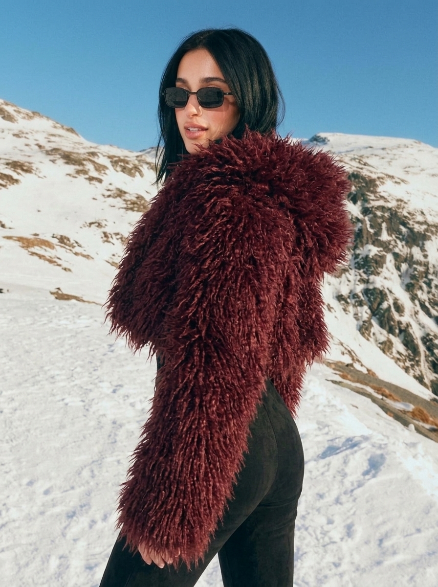 Stanetco Women's Cropped Burgundy Faux Fur Hooded Jacket - Fluffy Winter Shaggy Coat, Trendy Warm Plush Outerwear