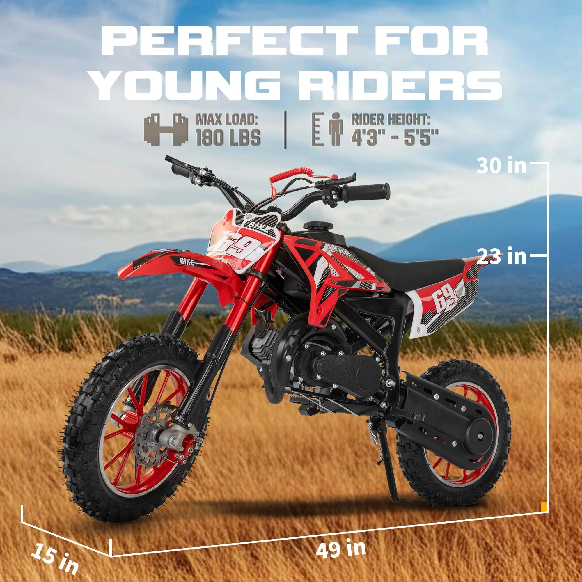 49CC Kids Dirt Bicycle, 2-Stroke Gas Powered Off Road Motorcycle, Tire Shock Absorber Spring Soft Seat Cushion with Front and Rear Disc Brake, Max Speed 28 MPH(Basic) - Image 2