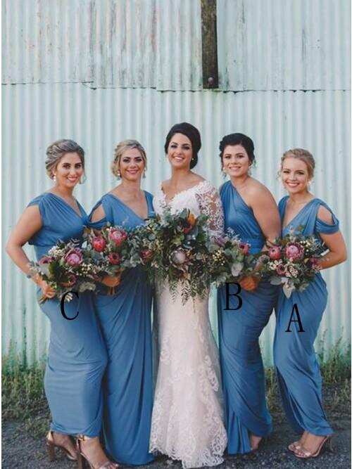 Sheath V-Neck Cold Shoulder Floor-Length Blue Ruched Bridesmaid Dress DMR32
