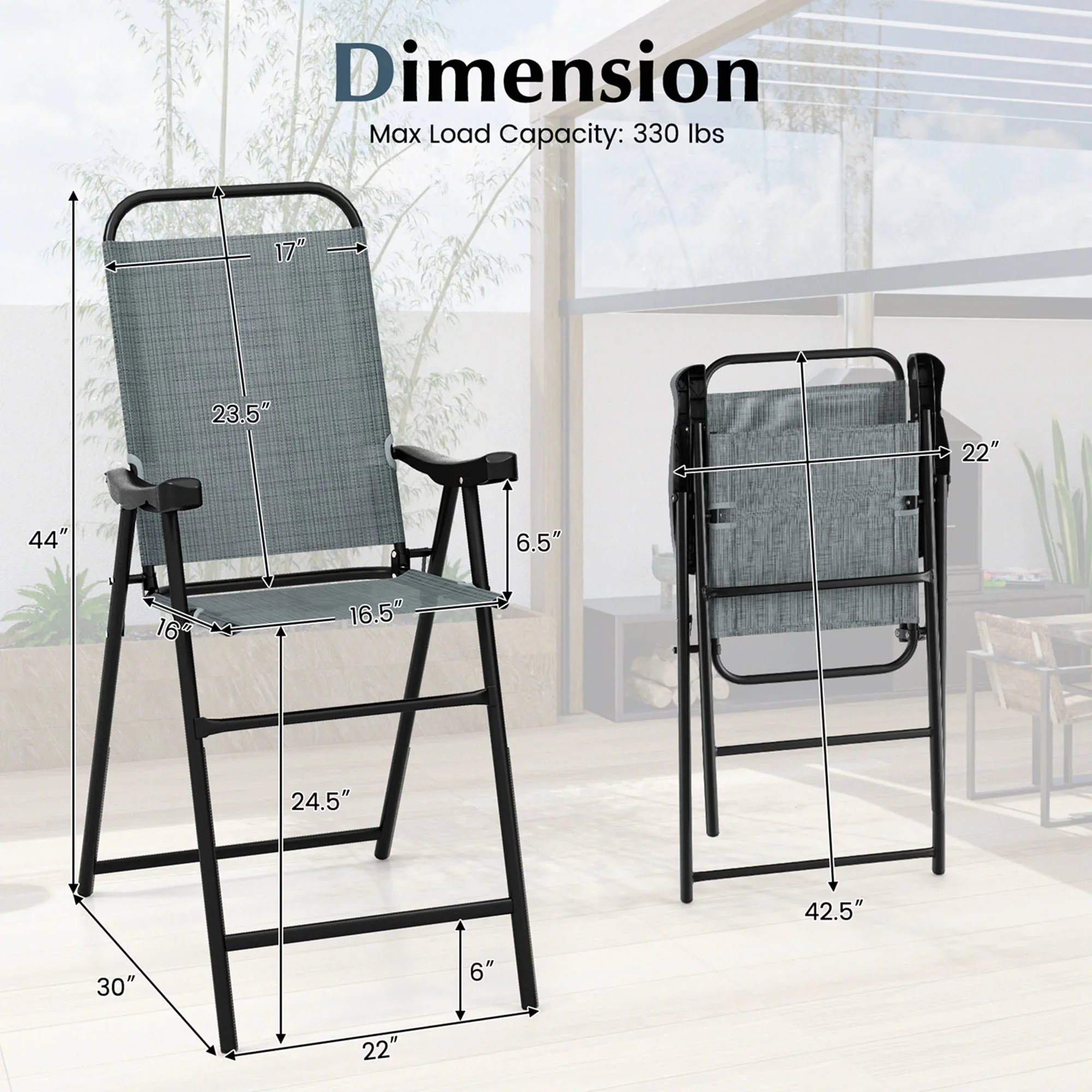 Costway 2 PCS Patio Bar Chair Folding Bar Height Metal Frame with Footrest Garden Blue