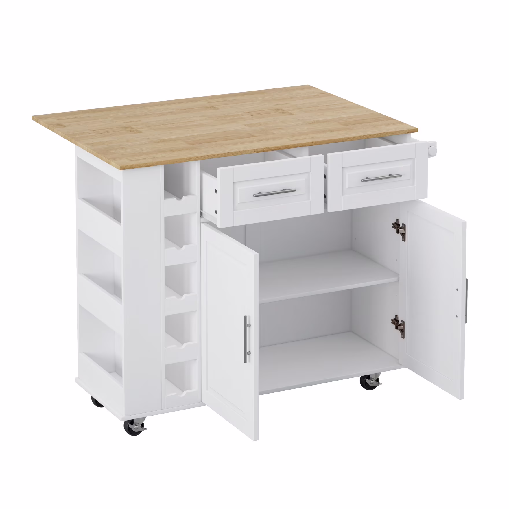 Movable Kitchen Island Cart with 2 Door Cabinet, 2 Drawers and Drop Leaf Top, Island Table with Spice Rack, Towel Holder, Wine Rack and Wheels, Kitchen Storage Cabinet, White