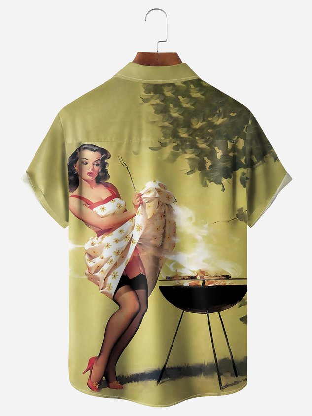 Chemise hawaïenne rétro à manches courtes et poche poitrine