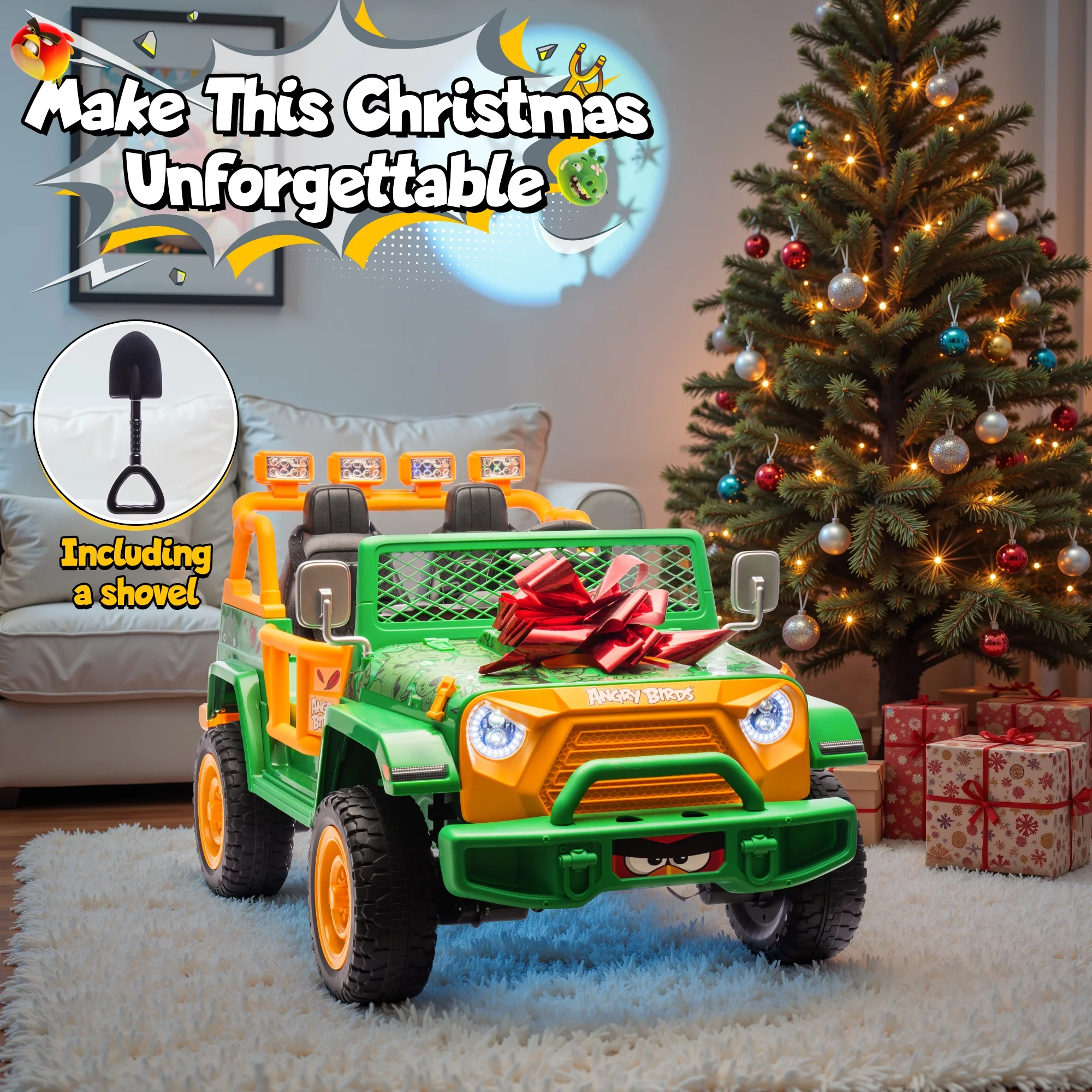 24 Volt Ride on Toys for Big Kids, Licensed Angry Birds Ride on Truck with Remote, 2 Seater 4WD Electric Ride ons with Shovel, Bluetooth, Lights, Power Car Wheels for 3-8, 130lbs, Green(Green) - Image 10