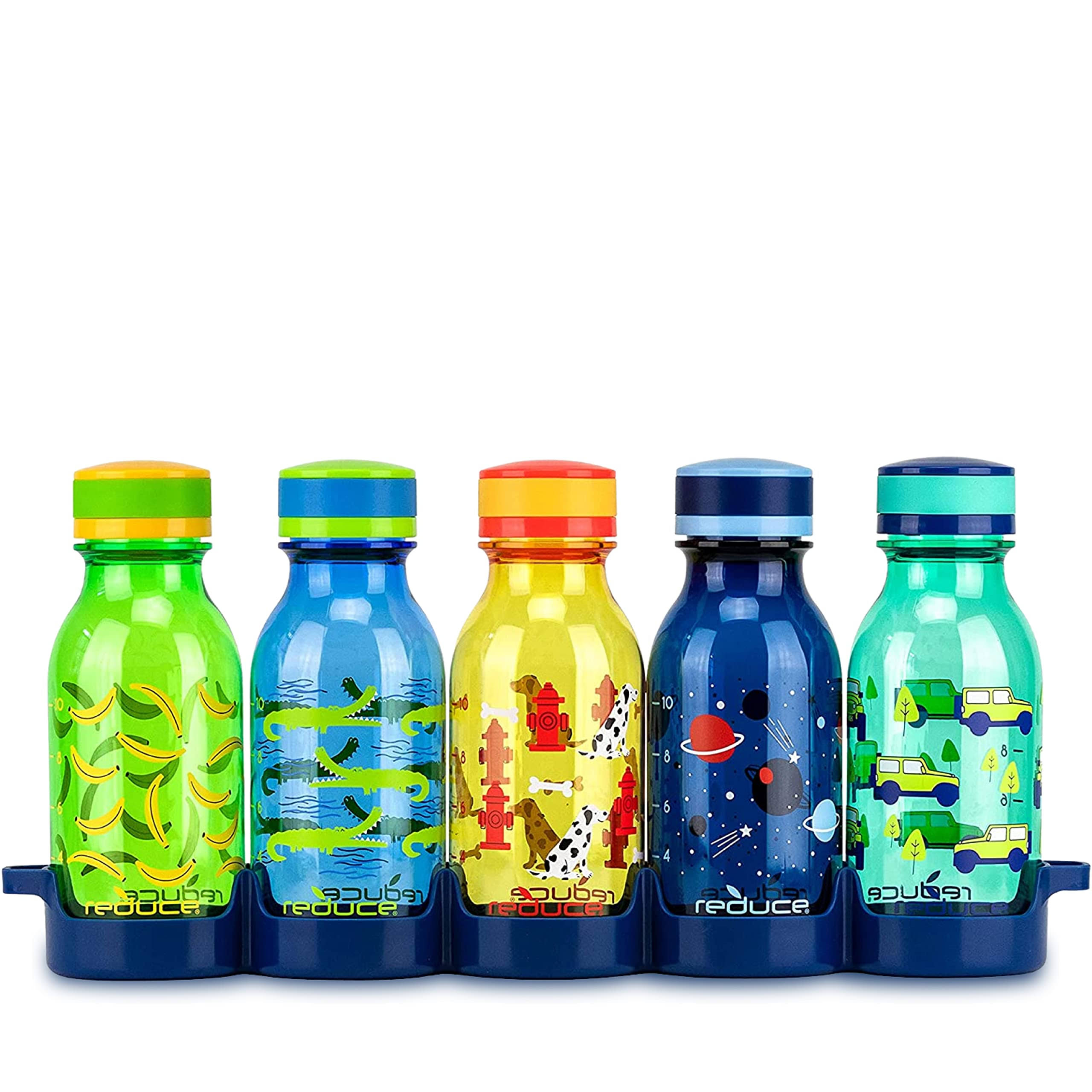 Reduce WaterWeek Refillable Kids Water Bottles, 14 oz - Includes 5 WaterWeek Leak Proof Tritan Reusable Water Bottles - Includes Fridge Tray for Your