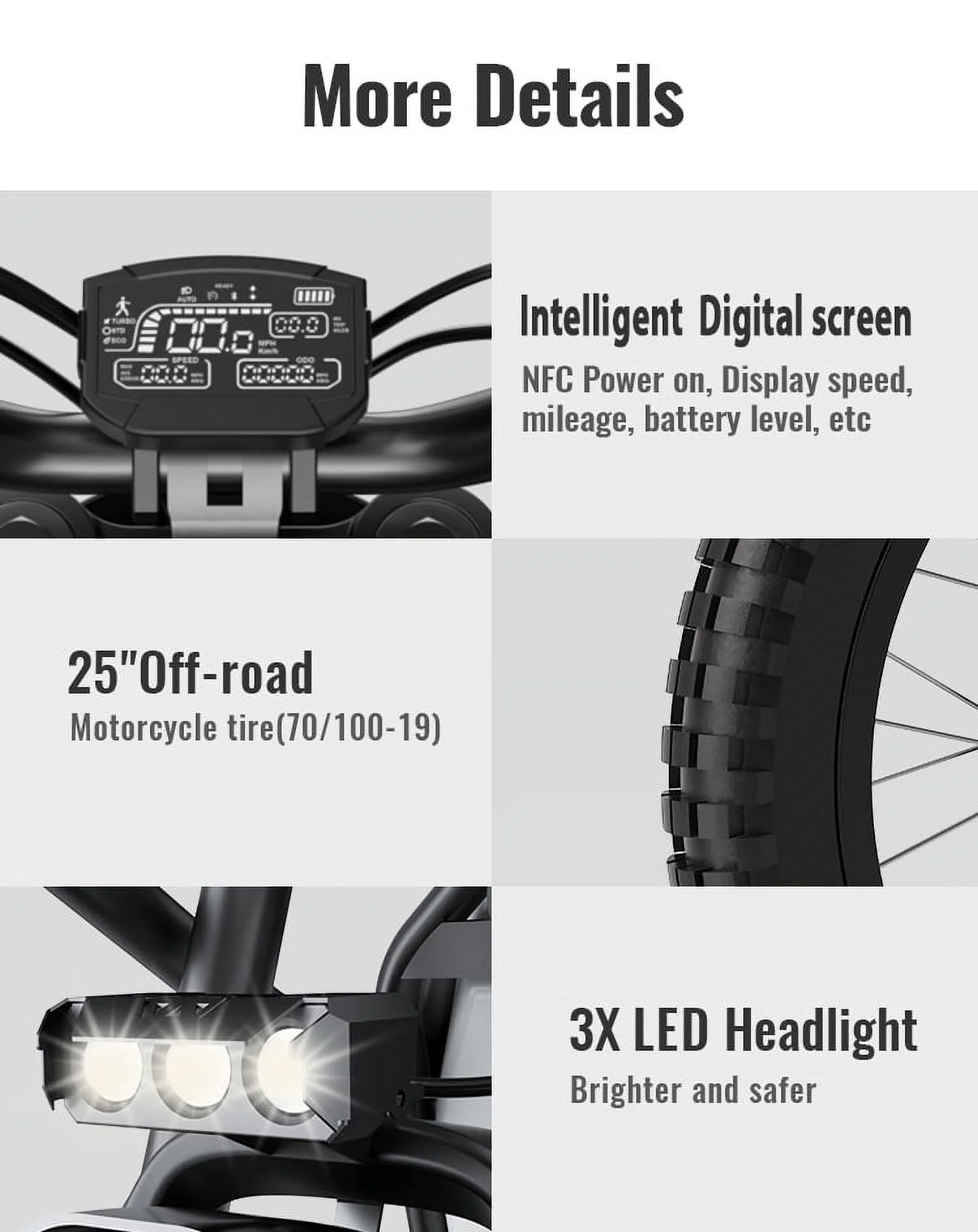 2000W Electric Dirt Bike for Adults GT73 UL2849,Brushless Hub Motor,18.2AH*2 Electric Bike with 25\" tires digital screen Carbon Steel,Black(GT73 37Mph 2400W) - Image 4