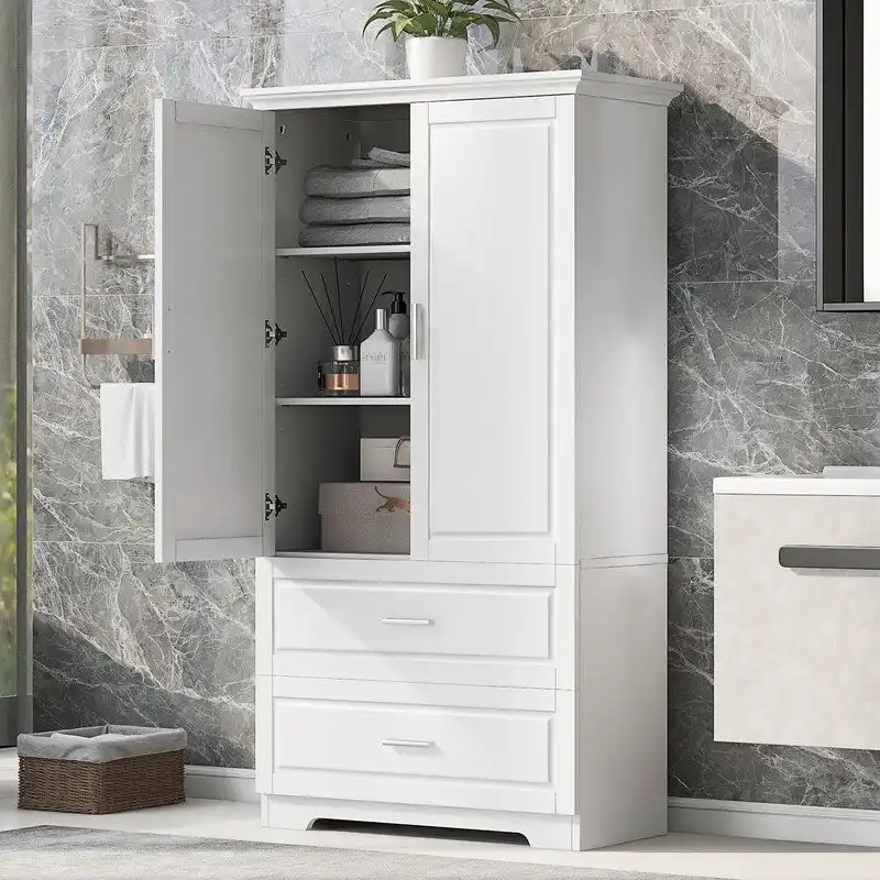 2-Door Bathroom Storage Cabinet with Drawers and Adjustable Shelf