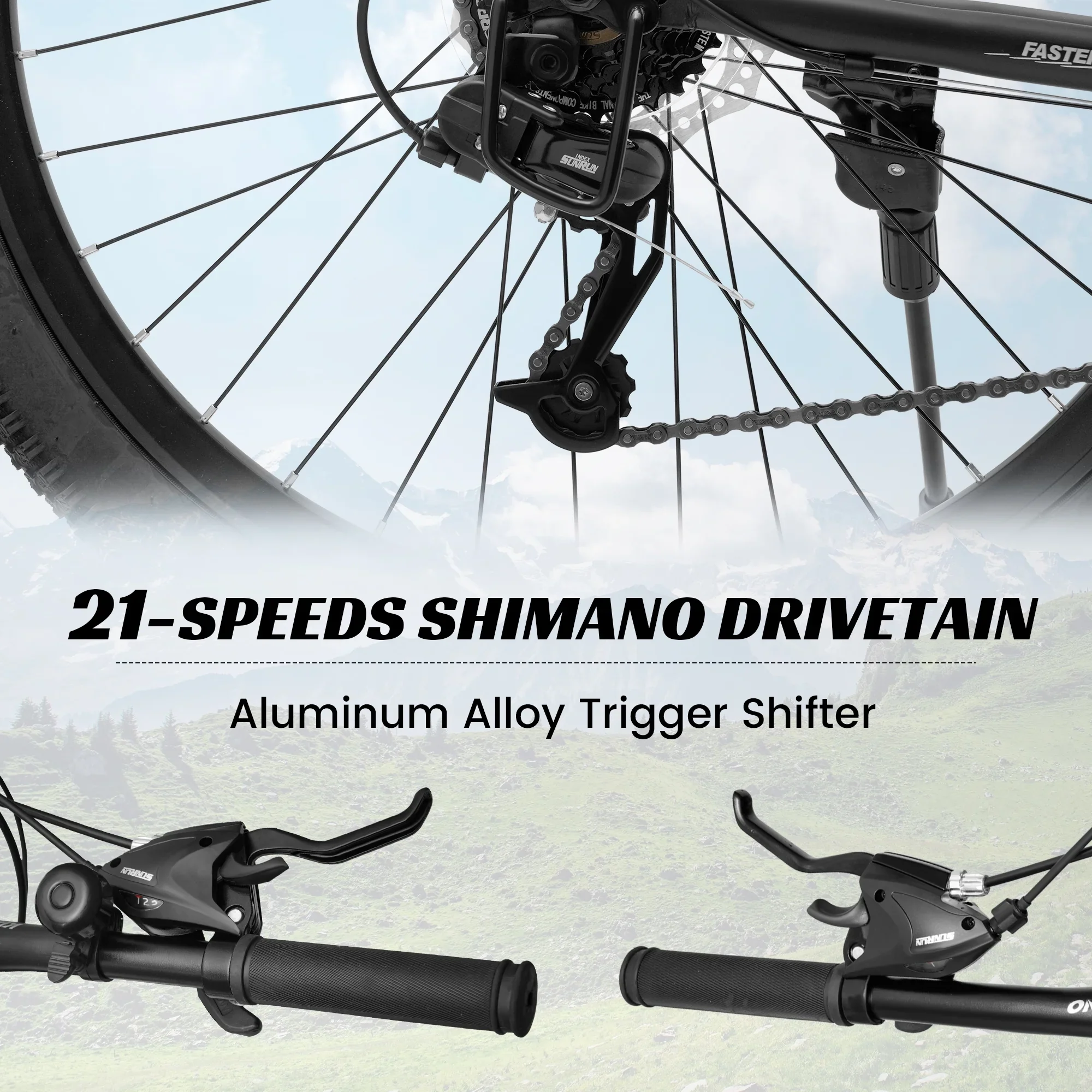 26 Inch Mountain Bike Dual Full Suspension, Shimano 21-Speed Mountain Bicycle with Dual Disc Brakes and Carbon Steel Frame, Trail Beach Snow Commuter City Bike for Adult Men Women, Black