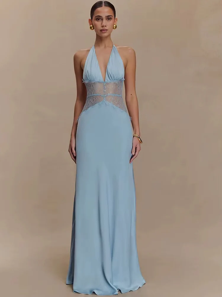 Robe Maxi Dos Nu à Panneaux en Dentelle et Col Halter