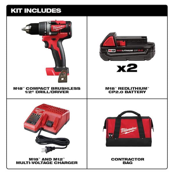 M18 18V Lithium-Ion Brushless Cordless 1/2 in. Compact Drill/Driver Kit with (2) 2.0 Ah Batteries. Charger and Case