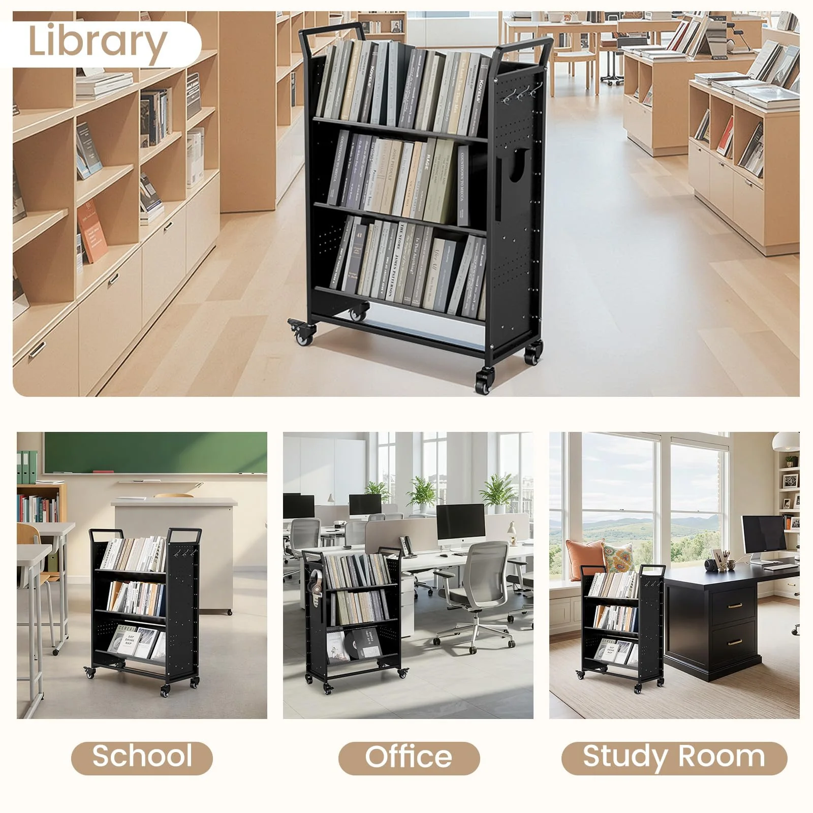 AECOJOY Book Cart with Wheels, 352LBS Rolling Bookshelf Utility Cart with V-Shaped Shelves