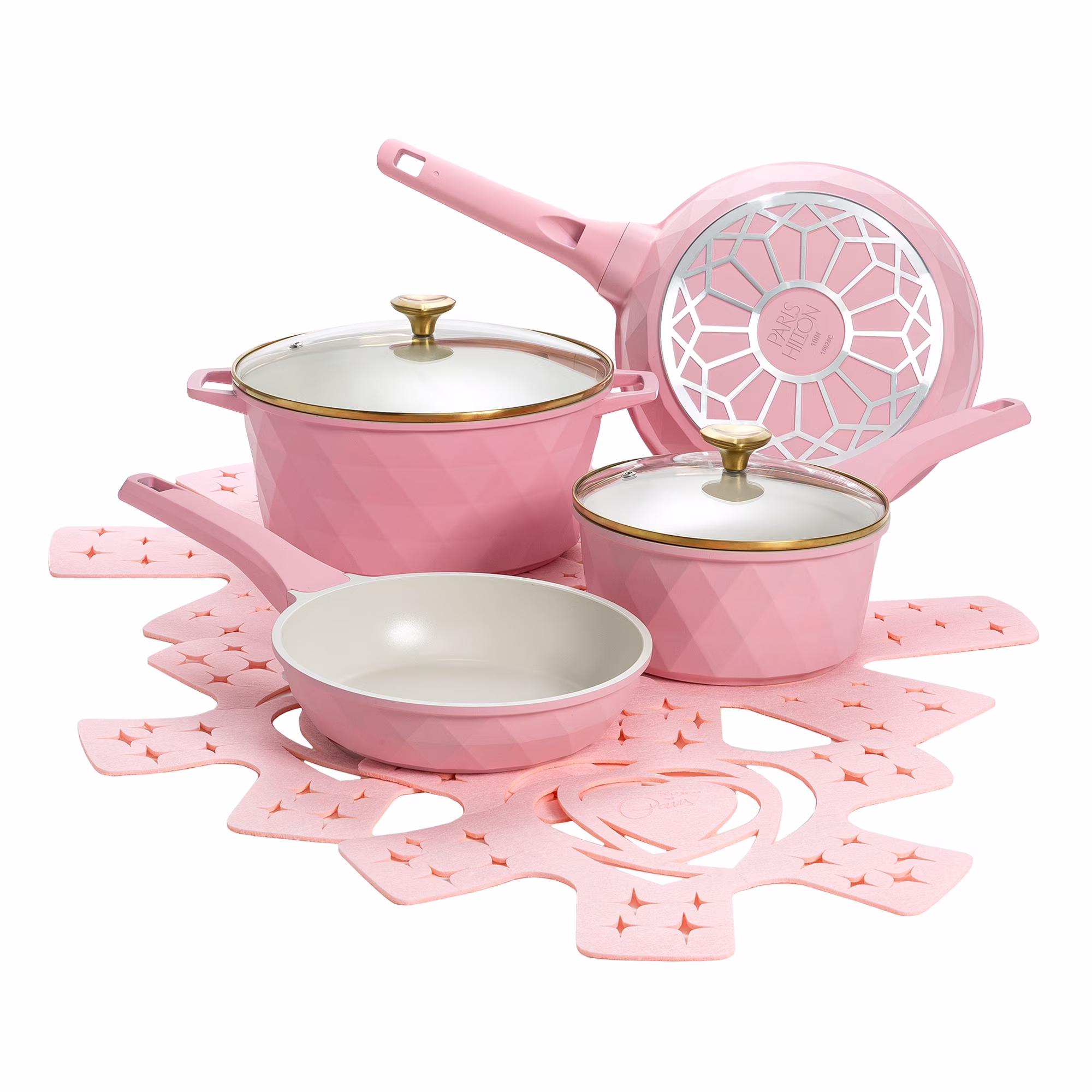 10 Piece Ceramic Nonstick Cast Aluminum Cookware Set, Clean Ceramic? Coating, Faceted Pink Design(Pink)