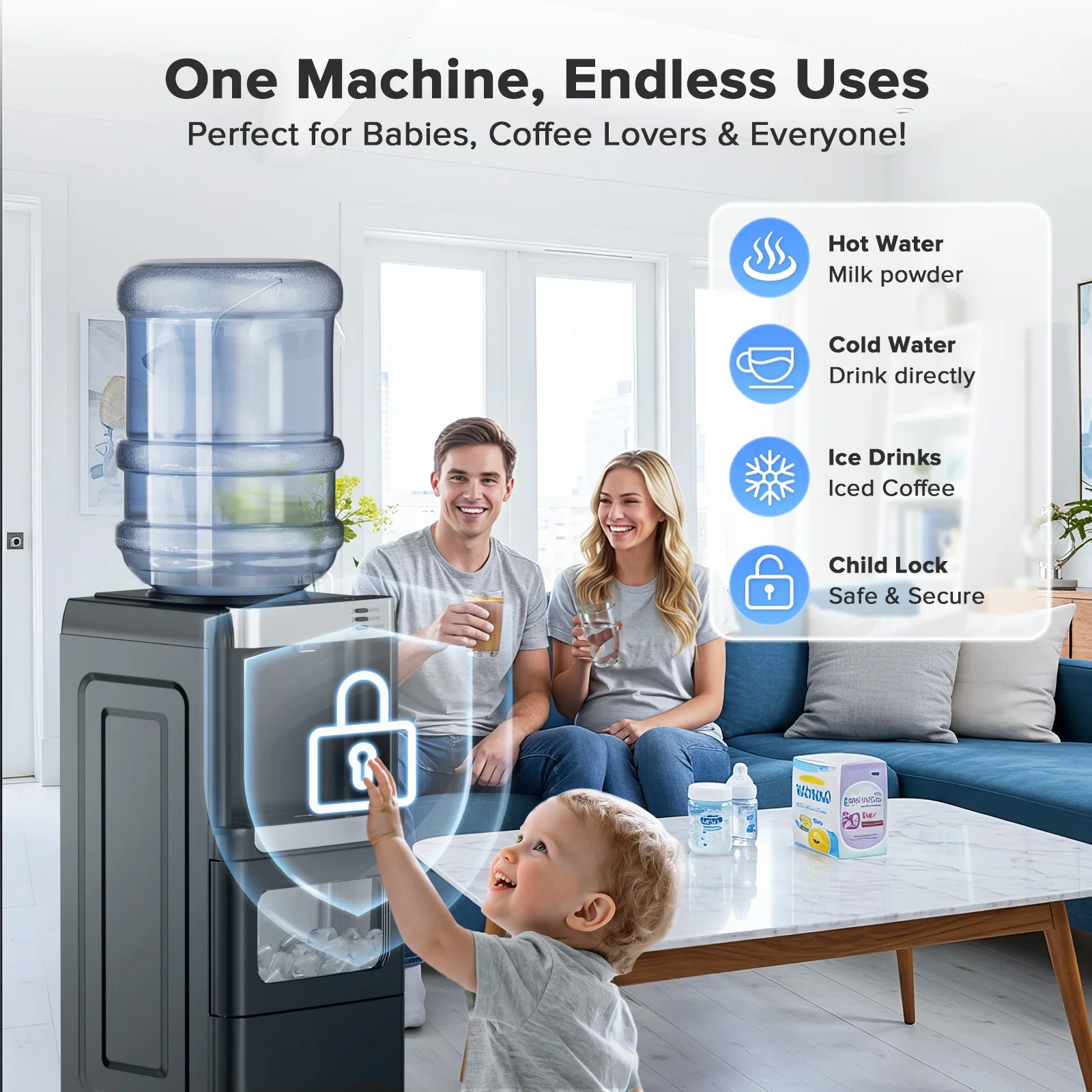 2-5 Gallon Water Dispenser 6-Min Ice Maker, 3-in-1 Hot/Cold/Ice, Child Lock Energy-efficient, for Home/Office, Black(Black) - Image 5