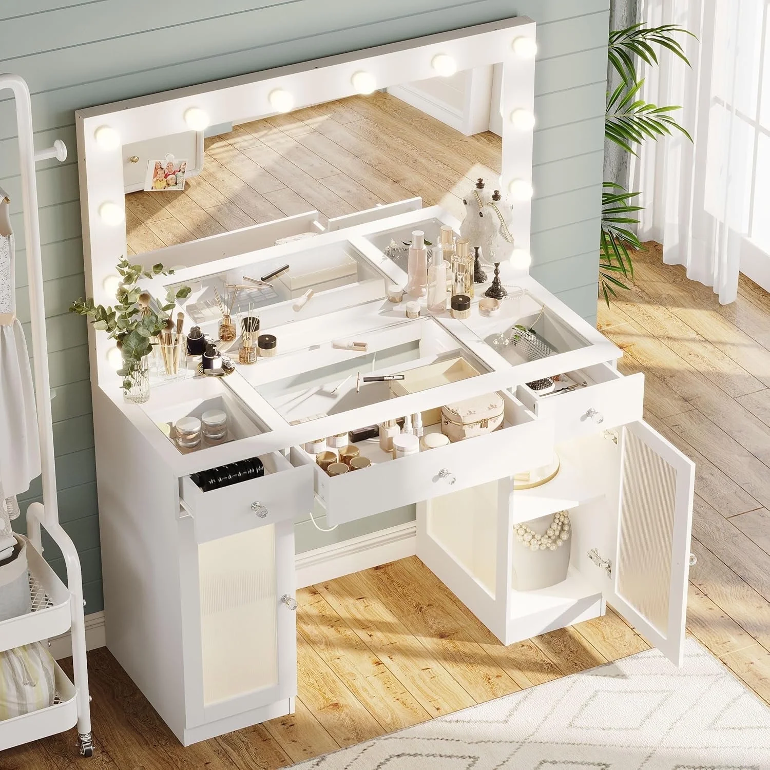 Vanity Desk with Mirror and Lights,3 Drawers and Power Outlet Makeup Vanity for Women,White - Image 5