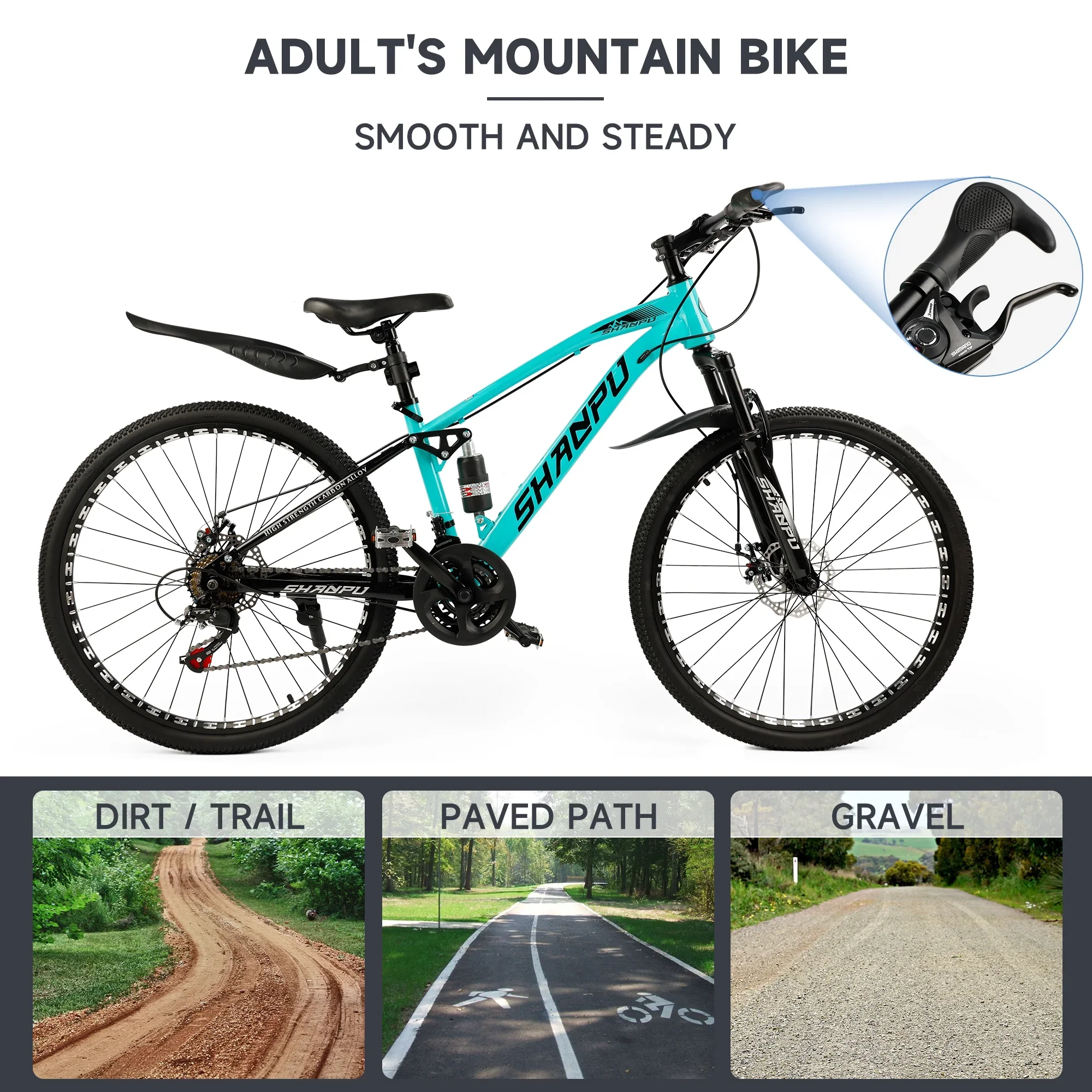 ARTUDATECH 26 Inch Wheel Full Suspension Mens Mountain Bike, Shimano 21 Speed,  Dual Disc Brake Bike for Men Womens Adult Bicycle With Bike Lock And Air Pump, orange