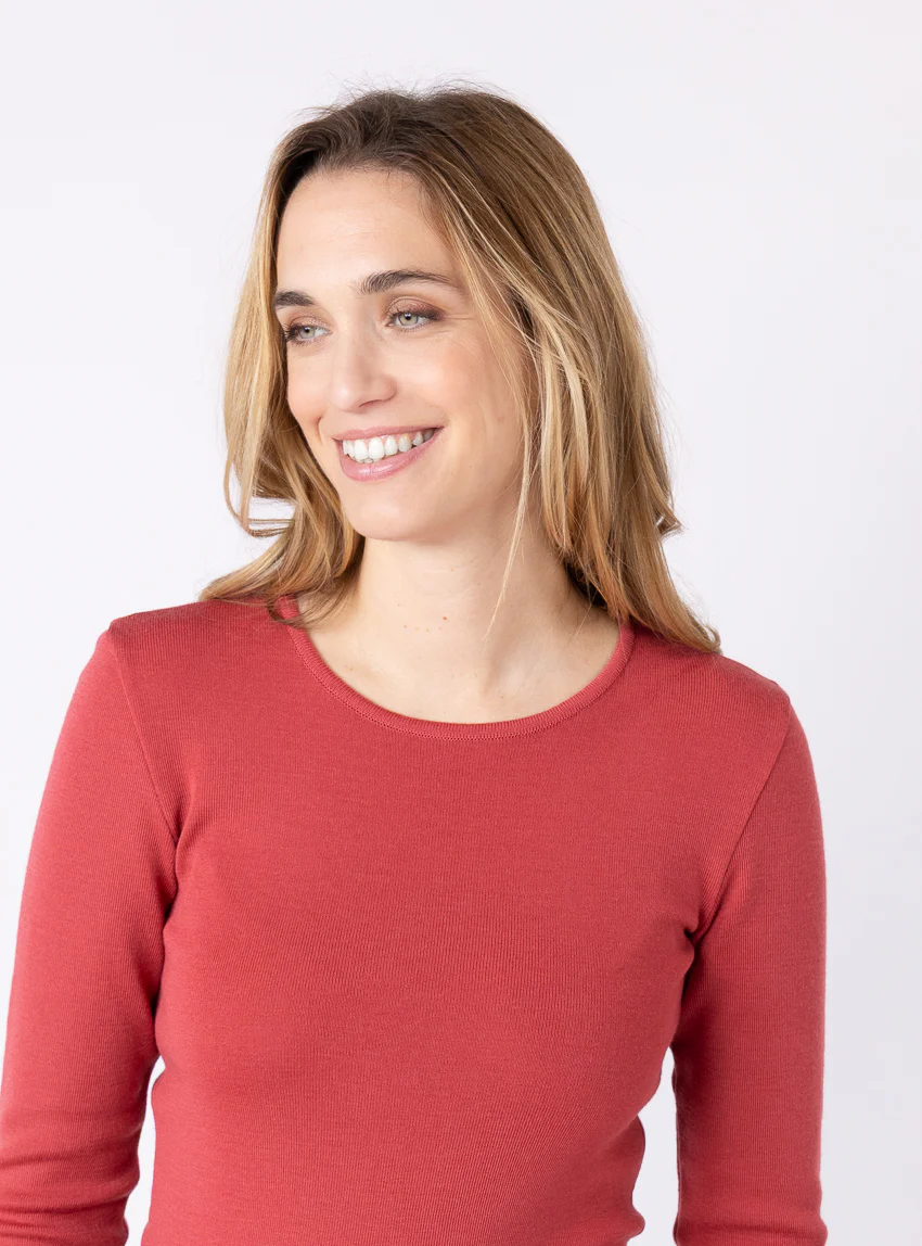 Tee-shirt thermique manches longues femme en laine merinos rouge tendre