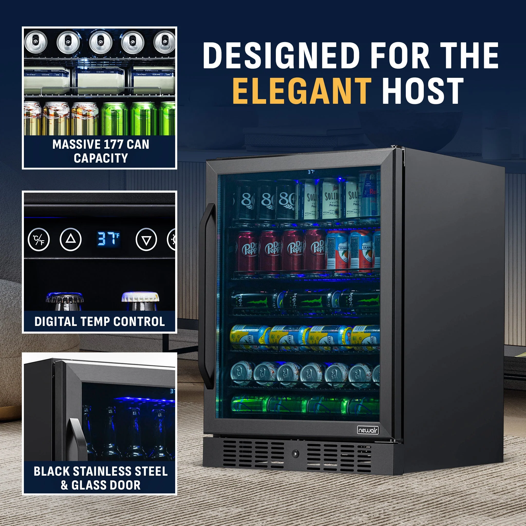 Newair 177-Can Built-In Black Beverage Fridge - 24