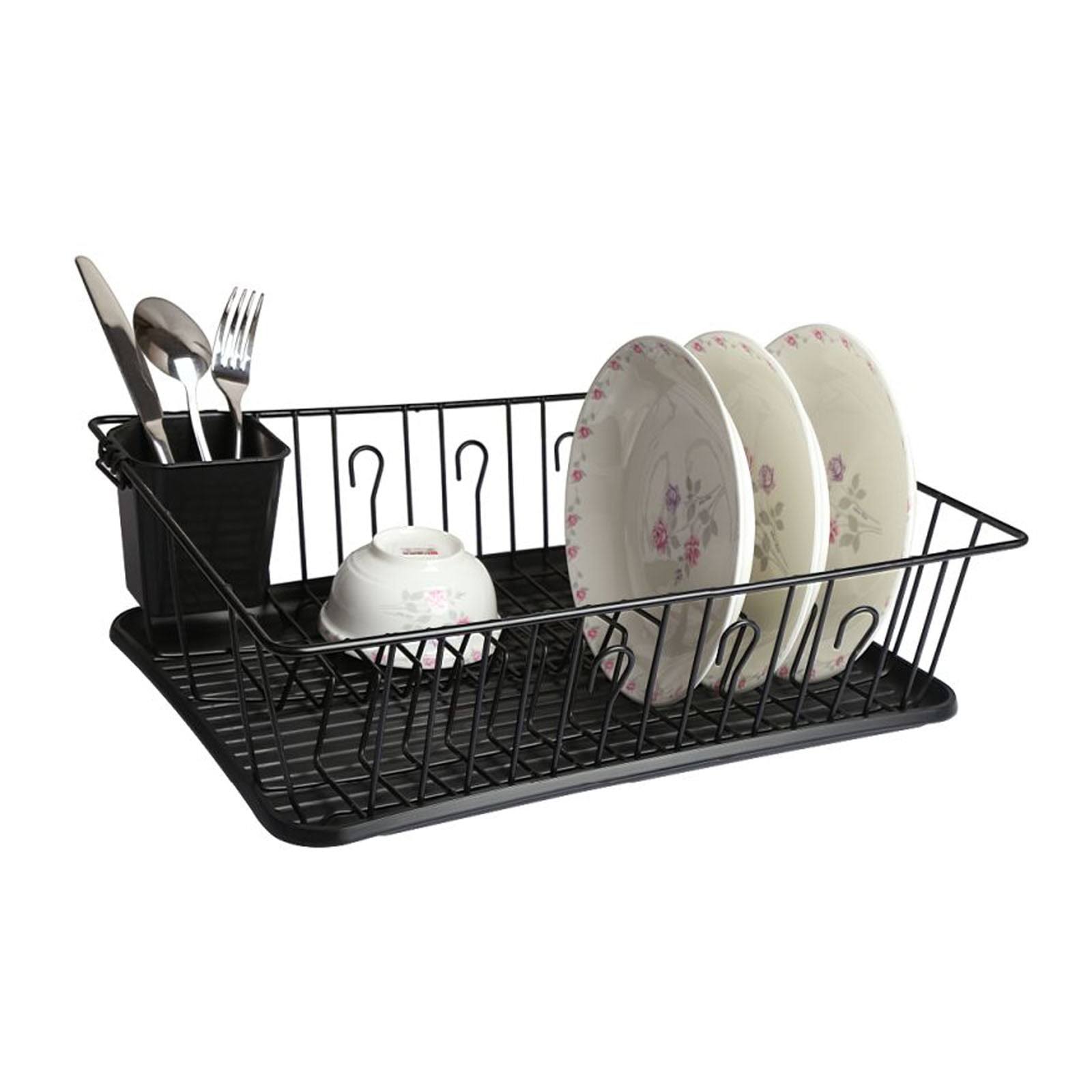 MegaChef 17.5 inch Black Dish Rack with 14 Plate Positioners and A Detachable Utensil Holder
