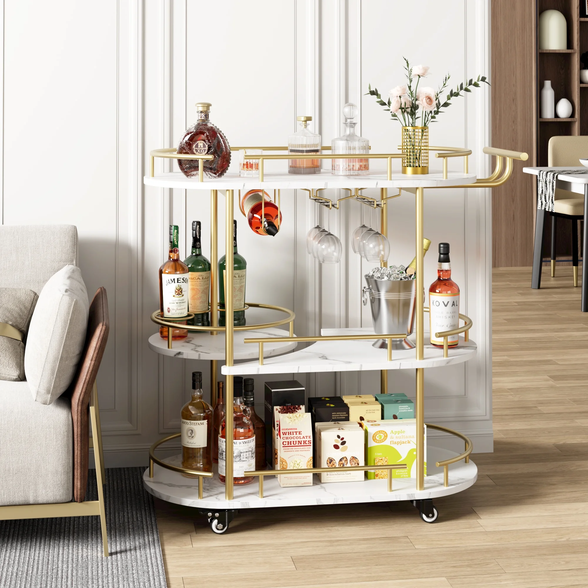 Bar Serving Cart, 3-Tier Storage Shelves Wine Rack and Glass Holder, Golden White - Image 7
