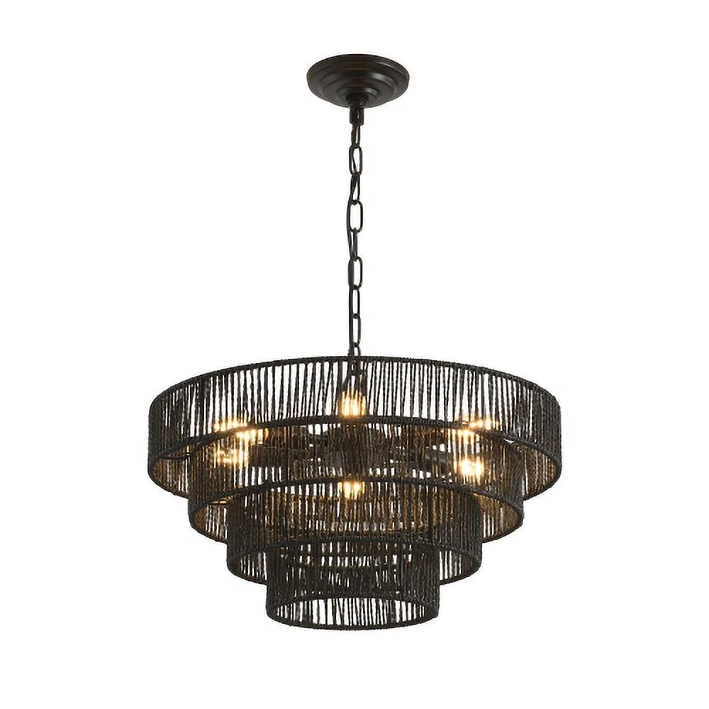 ACE-LIGHTS,Rustic 4-Tier Height Adjustable Hemp Rope Chandelier(Bulb Not Included),Pendant Light,Handmade Tiered Boho Ceiling Light Fixture for Living,Dining Room,Kitchen,Foyer(Black��