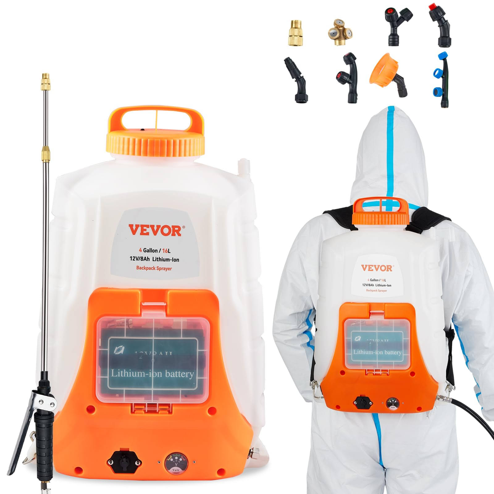 VEVOR Battery Powered Backpack Sprayer, 0-90 PSI Adjustable Pressure, 4 Gallon Tank, Back Pack Sprayer with 8 Nozzles and 2 Wands, 12V 8Ah Battery,