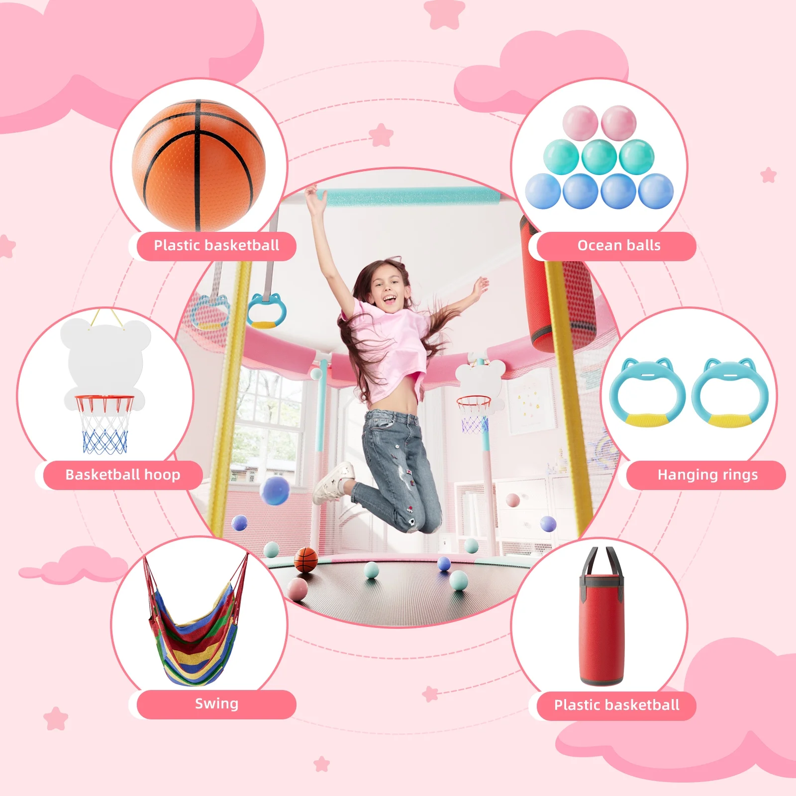 60" Toddler Trampoline Mini Trampoline for Kids with Enclosure Net 5FT Mini Trampoline with Swing Sandbag Basketball Hoop for Kids, Boys Girls,440Lbs Pink(Pink) - Image 6