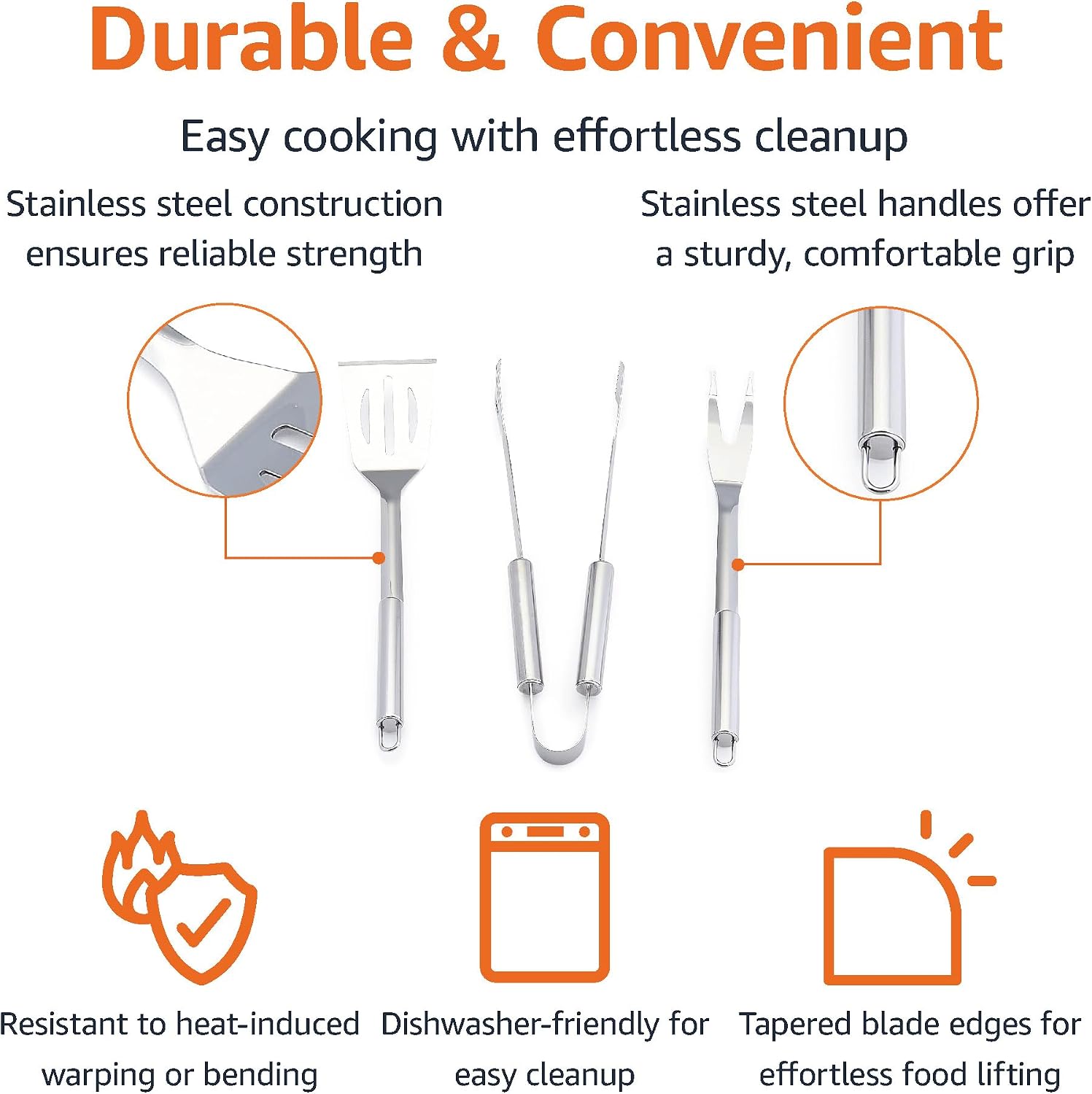 Amazon Basics 4-Piece Stainless Steel BBQ Grilling Tool Set with Carry Bag, Rust-Resistant, Dishwasher Safe