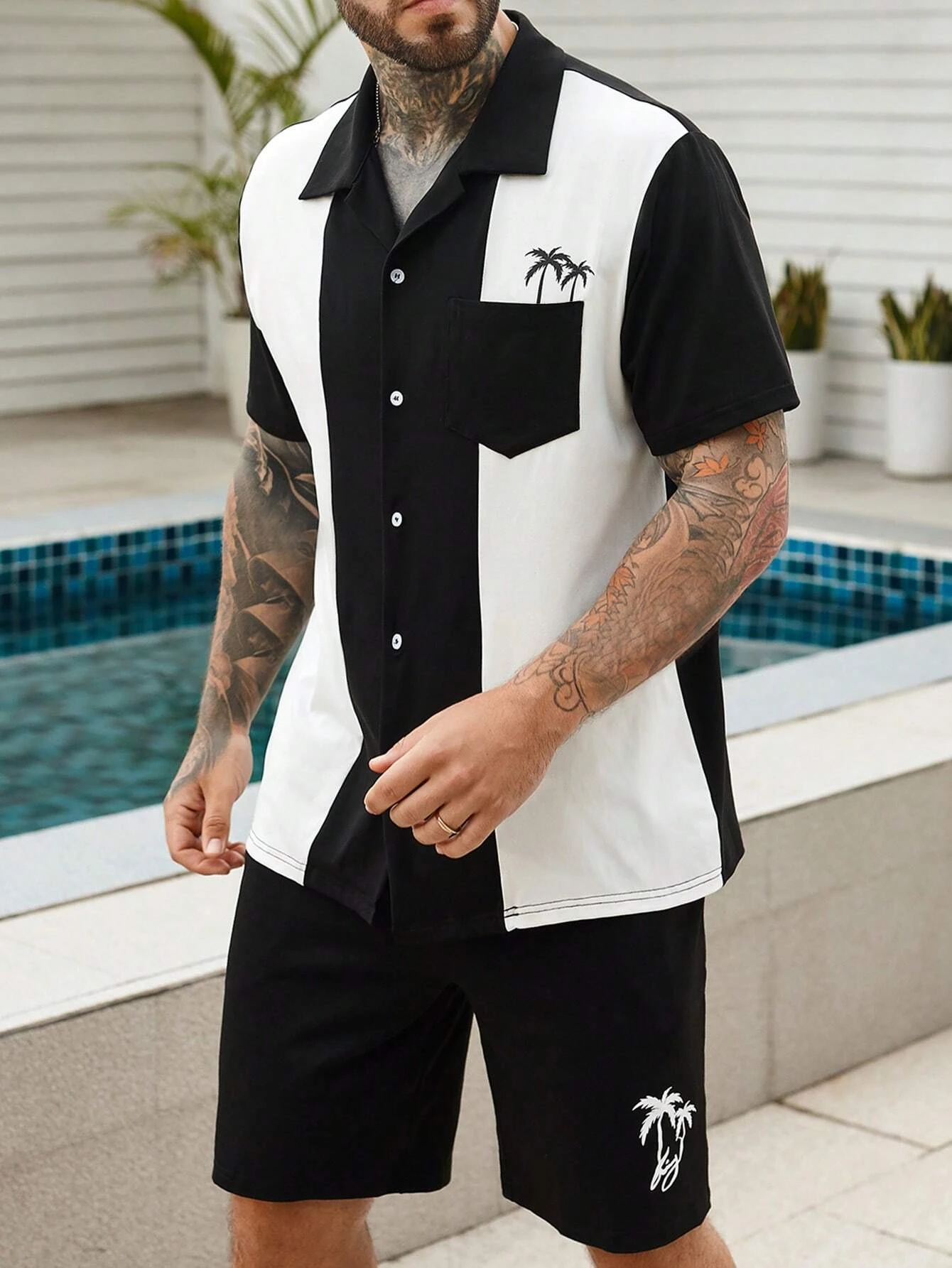 Ensemble chemise à manches courtes à imprimé hawaïen pour homme Suitmens 008