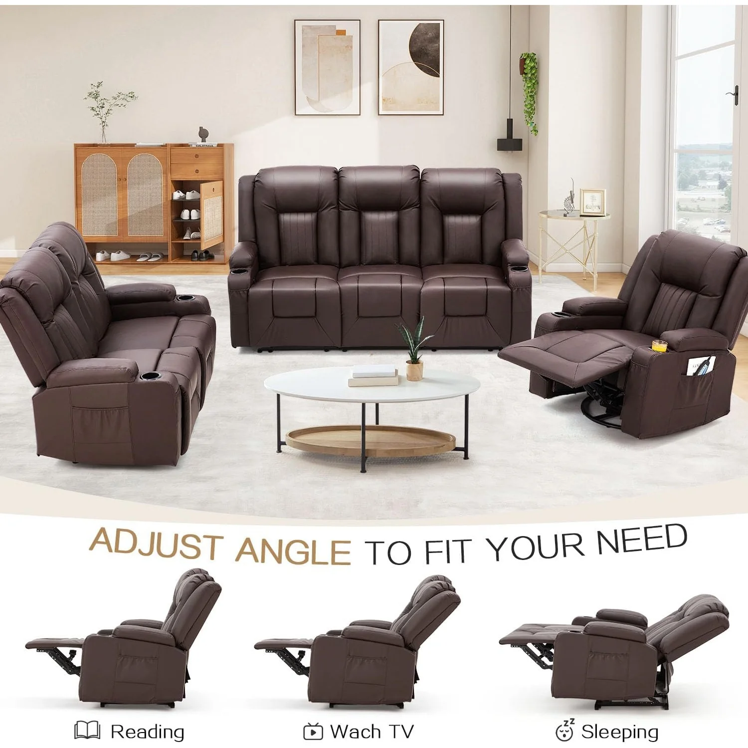 AECOJOY 3 PCS Leather Recliner Sofa Set with Swivel Massage Chair, Brown