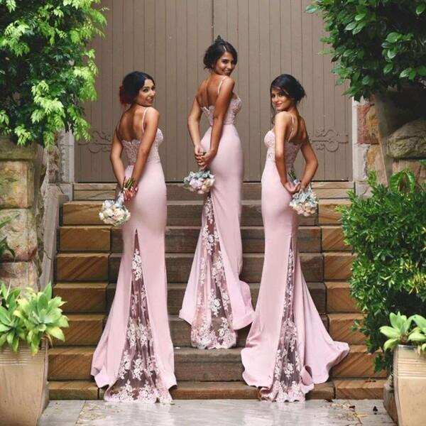 New Arrival Pink stunning Spaghetti Straps Lace High Quality Mermaid Long Bridesmaid Dresses DM345