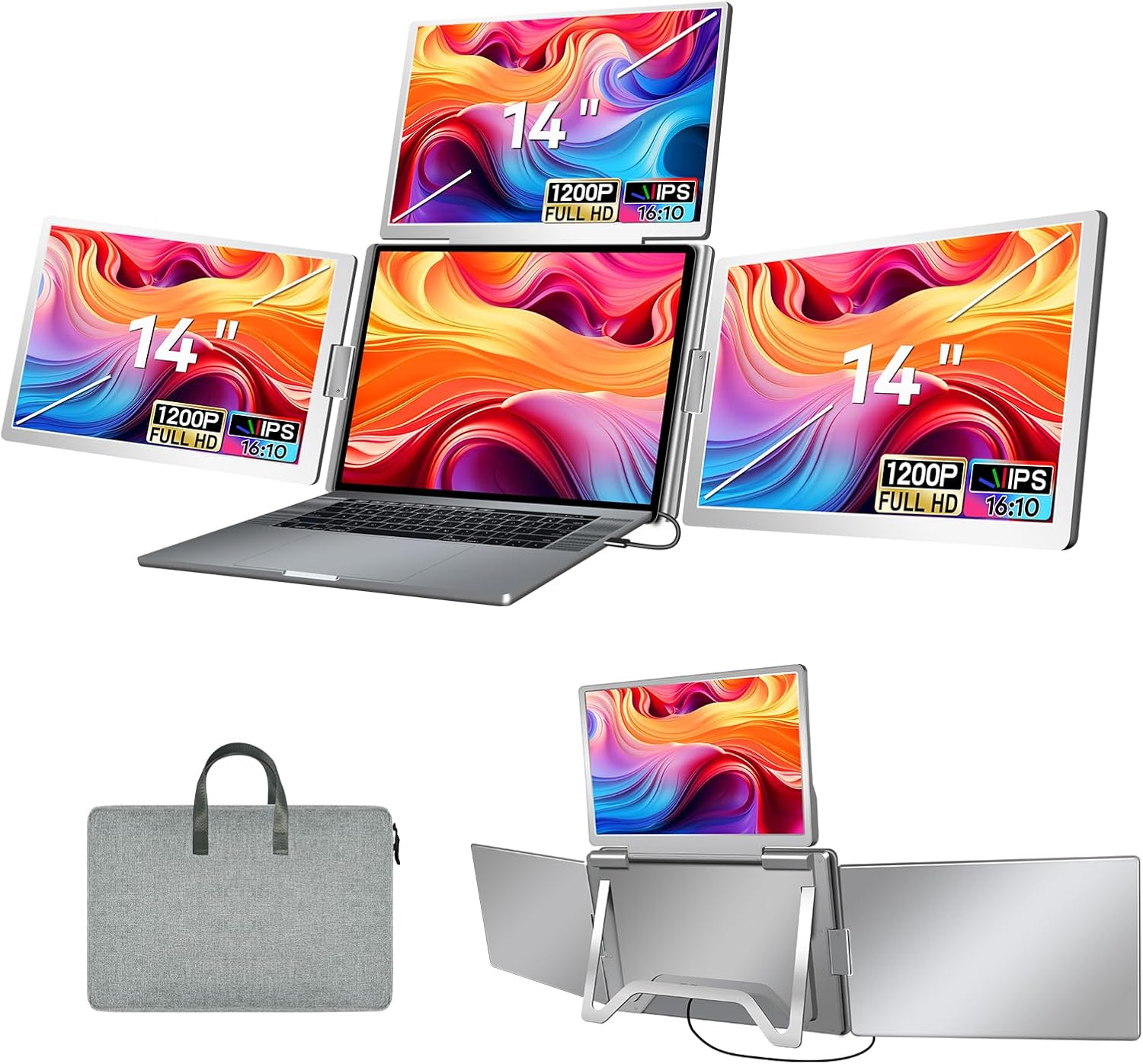 Laptop Screen Extender  FHD 1080P IPS Triple Screen Portable Monitor Extender 12–18.5 inch  Portable Laptop Extended Monitor Compatible with Windows and MacBook (Quad Monitor  14