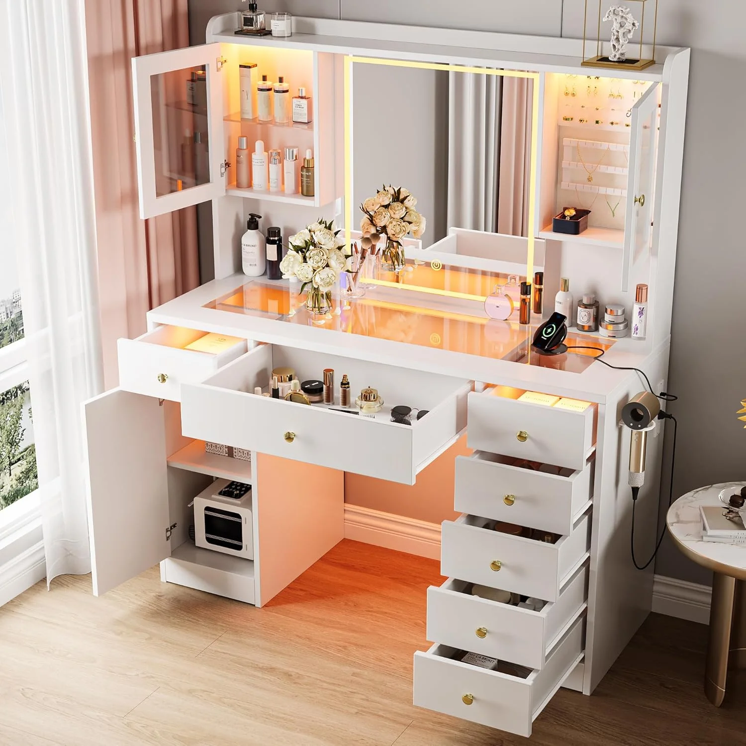 Ipormis Vanity Desk with Mirror and Lights, Glass Top Makeup Vanity with RGB Light and Charging Station for Girls, White