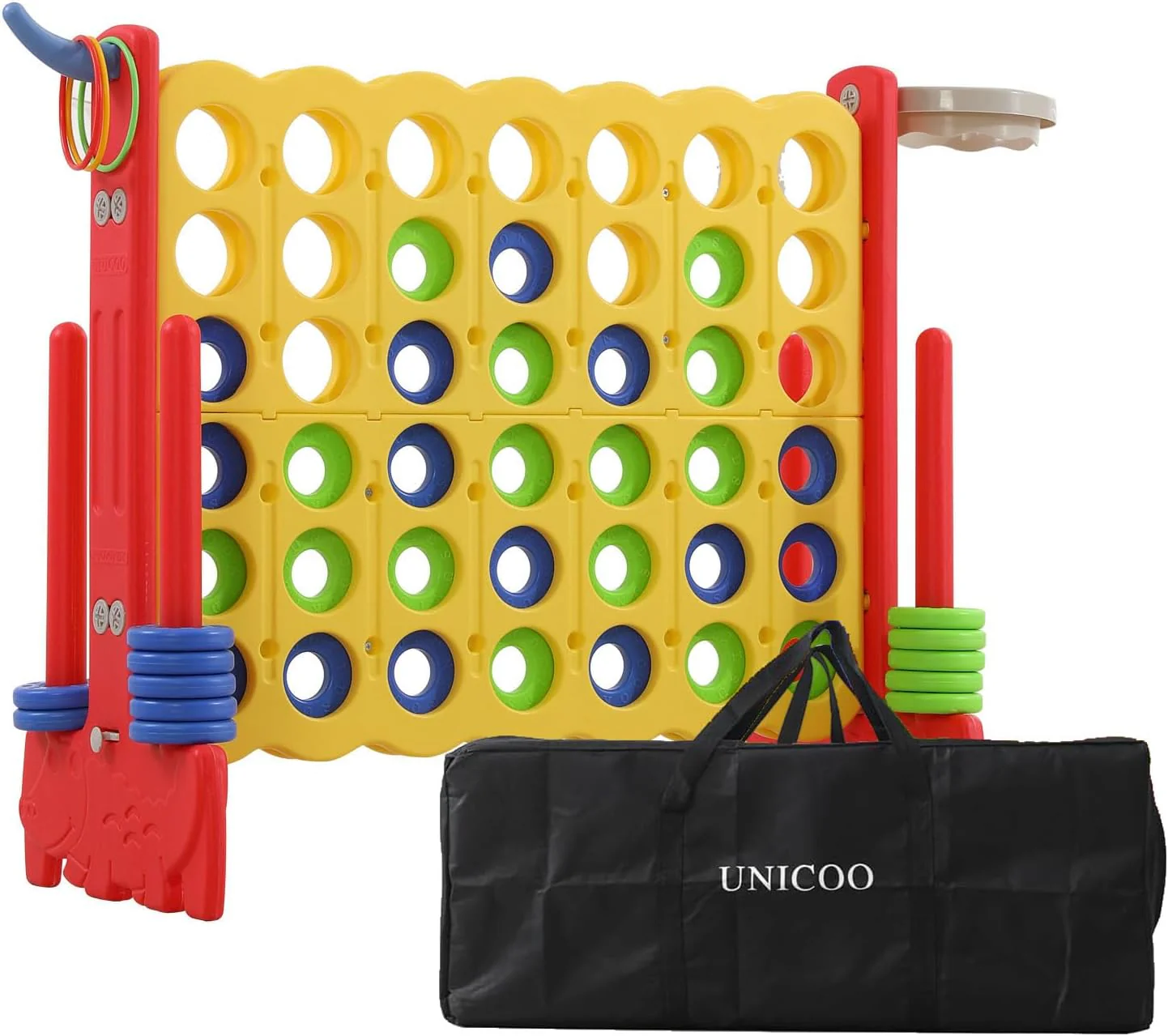 Giant 3-in-1 4-in-a-Row Game Set with Basketball Hoop, Ring Toss and Carry Bag