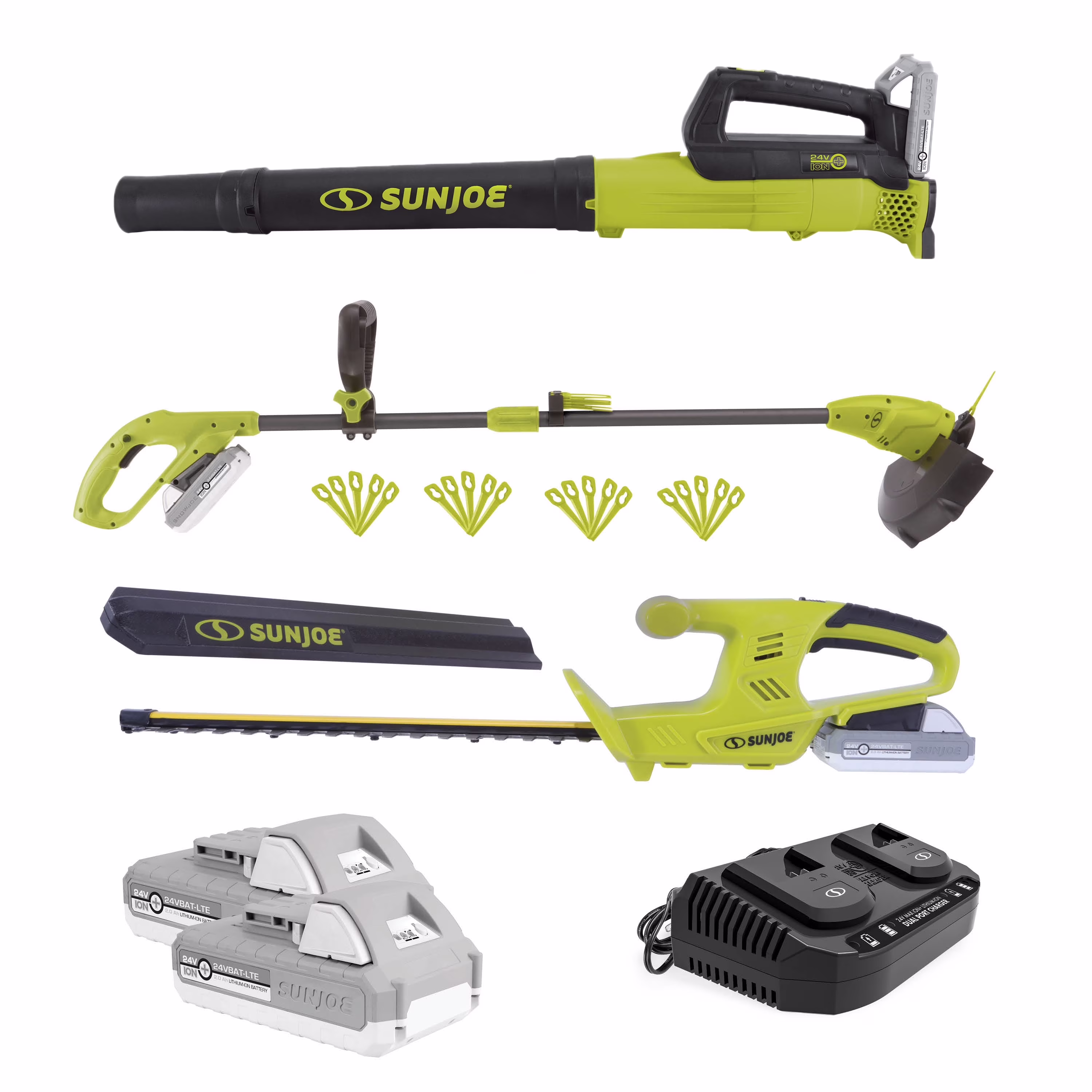 Sun Joe 24V Cordless Garden Combo Kit W/ Leaf Blower, Grass Trimmer, & Hedge Trimmer, 2 x 2.0 - Ah Batteries + Charger