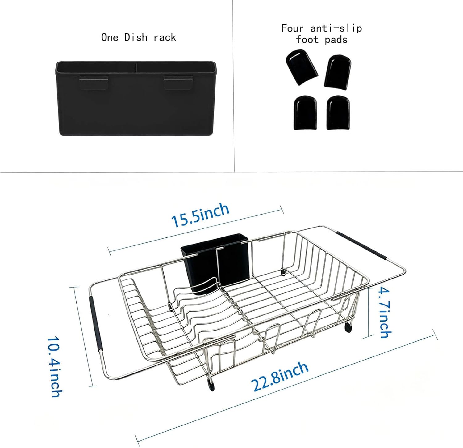 Expandable Over Sink Dish Drying Rack, Rustproof Stainless Steel Dish Drainer with Cutlery Utensil Holder, Quick Drainage Space Saving Kitchen Storage Organizer for Small Apartments RV