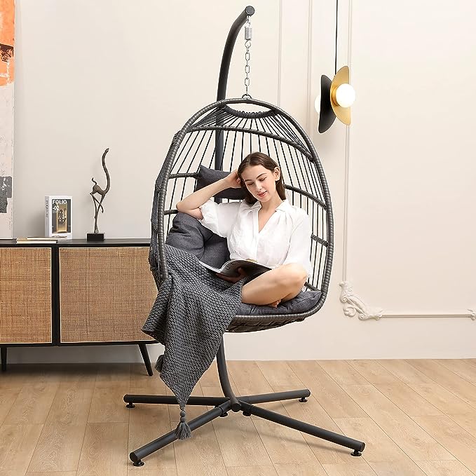 Fauteuil suspendu œuf SWITTE avec support, hamac suspendu œuf avec support, fauteuil œuf en osier pour intérieur et extérieur avec coussin et appui-tête pour terrasse, chambre, véranda, jardin, capacité de charge de 159 kg