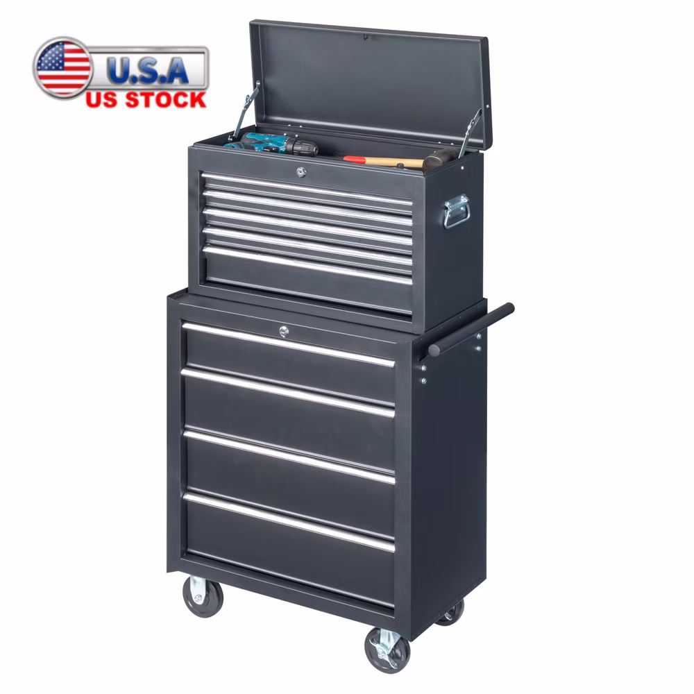 Tcbosik Combined Metal Tool Chest, 9 Drawers Rolling Tool Chest on Wheels, 2 in 1 Detachable Tool Cabinet for Warehouse Garage Workshop, Black
