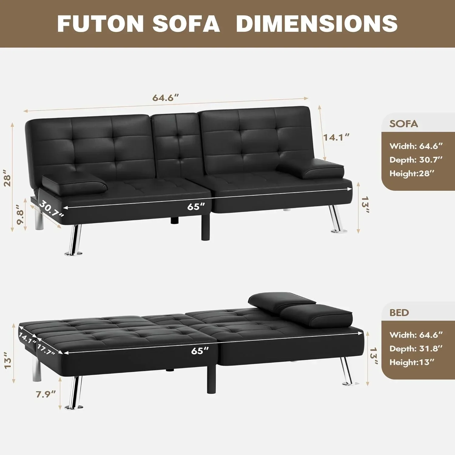 Canapé-lit futon Homall en cuir avec accoudoirs et fauteuil inclinable réglable