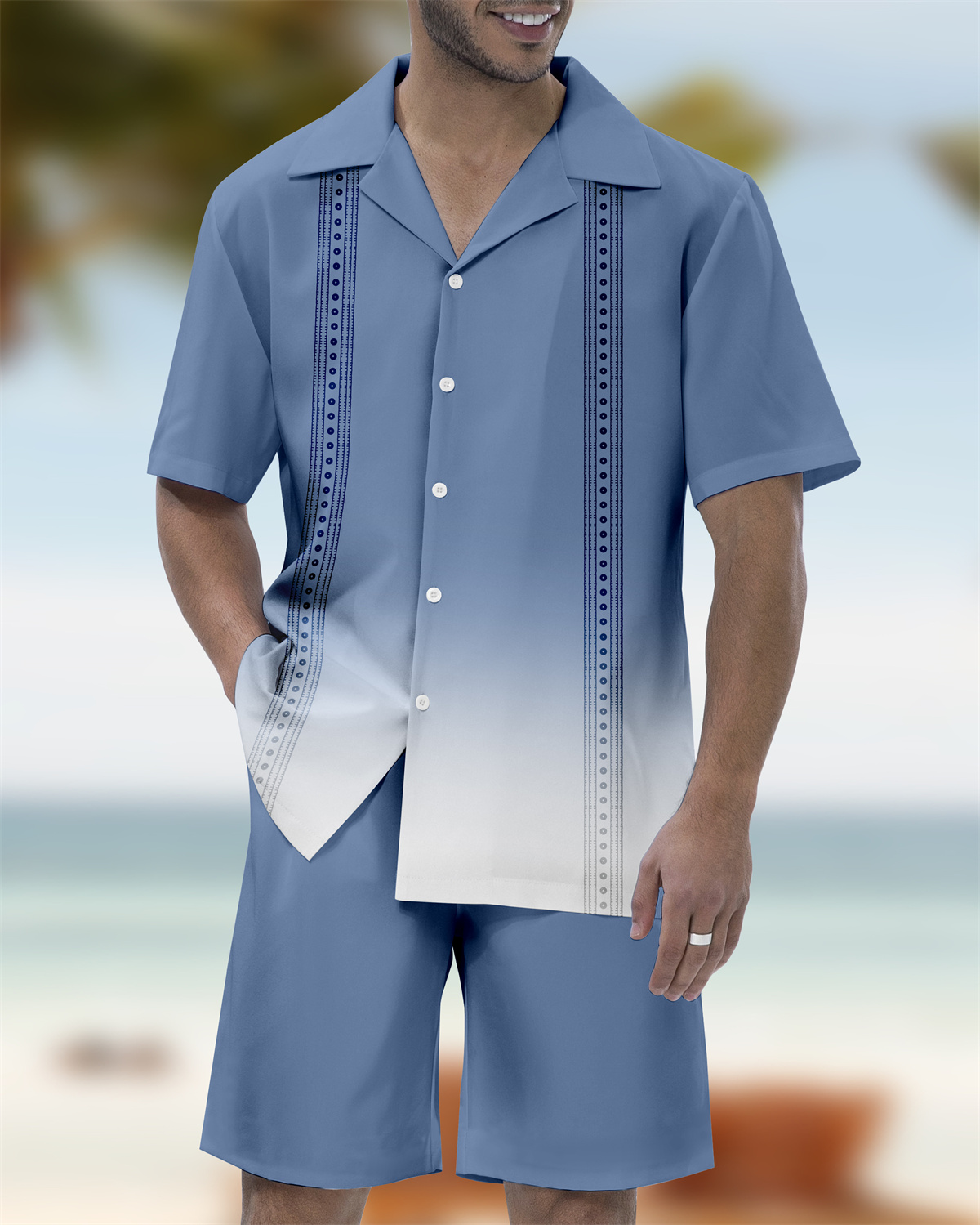 Ensemble chemise à manches courtes pour homme, imprimé rayures dégradées, col cubain hawaïen