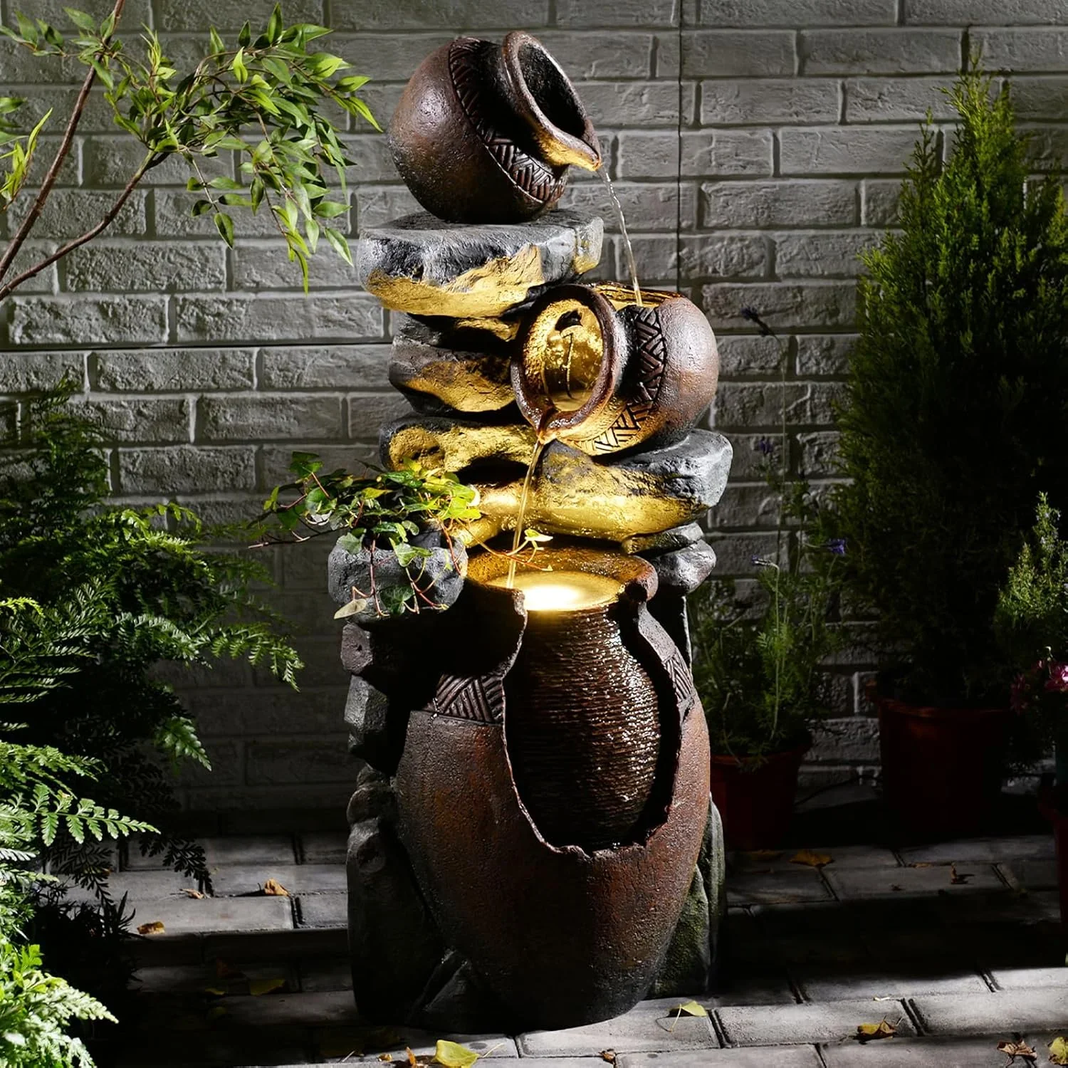 Garden Water Fountain Outdoor Decor - 38.4 3 Tier Standing Cascading Waterfall Outdoor Water Fountain with LED Lights & Pumps,Natural Design for Garden,Patio, Porch, Backyard, Home Art Decor